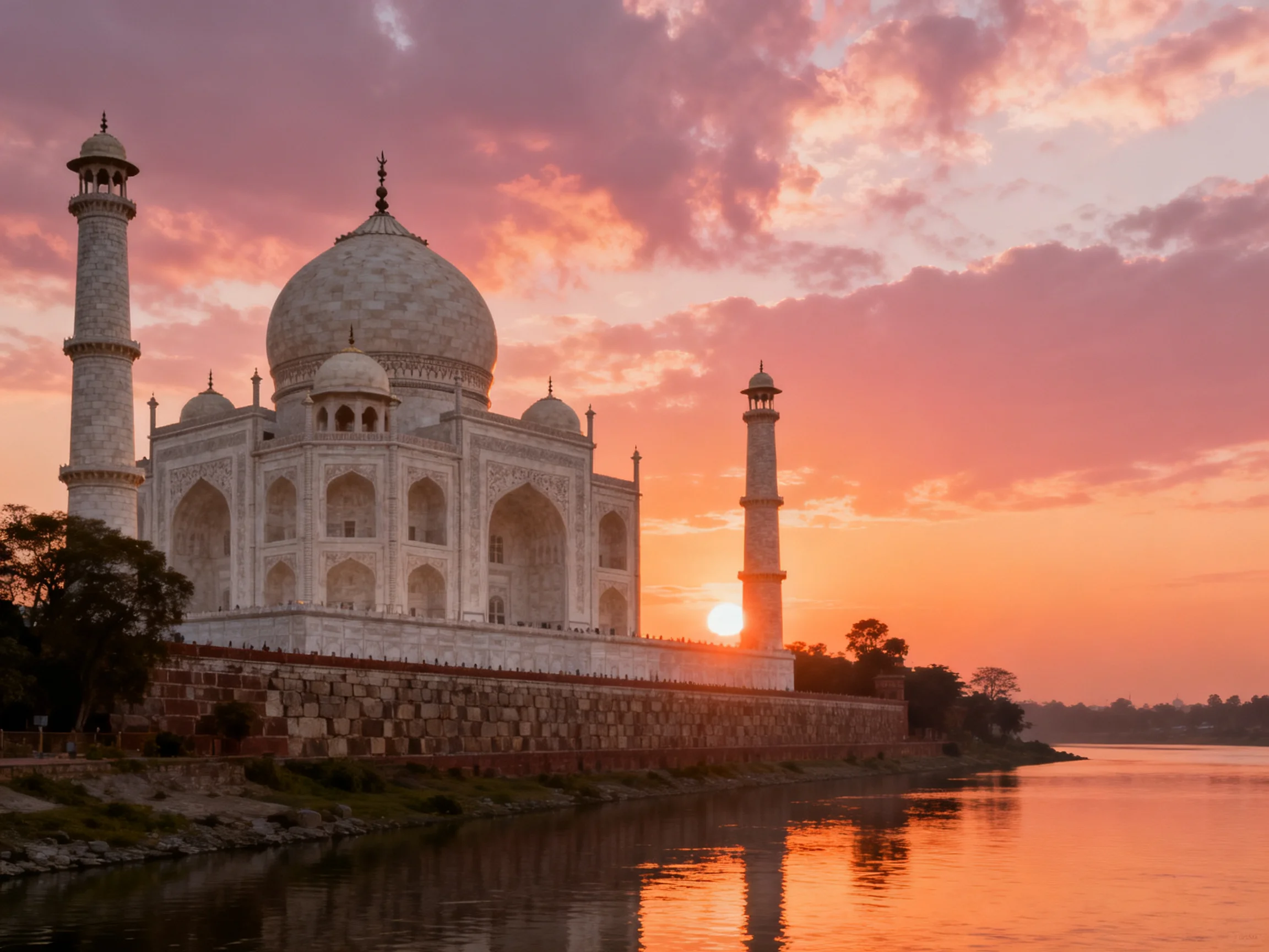 Taj Mahal at Sunset with Pink Sky and Reflective Waters