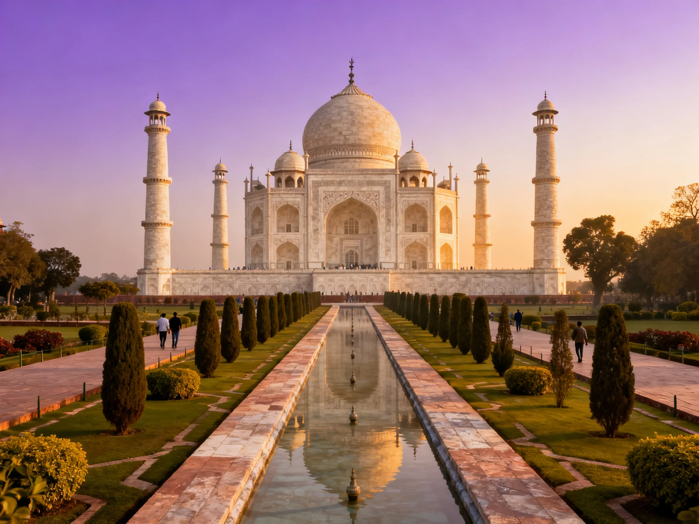 Taj Mahal at sunset with central dome and reflecting pool
