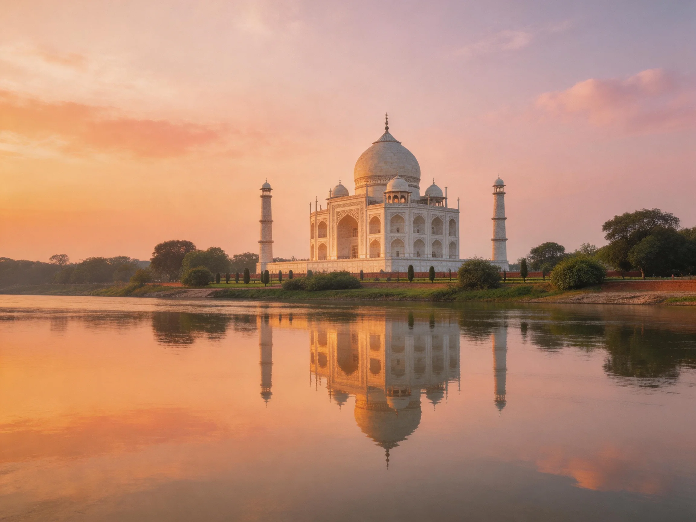 Taj Mahal at sunset with golden reflection on calm water