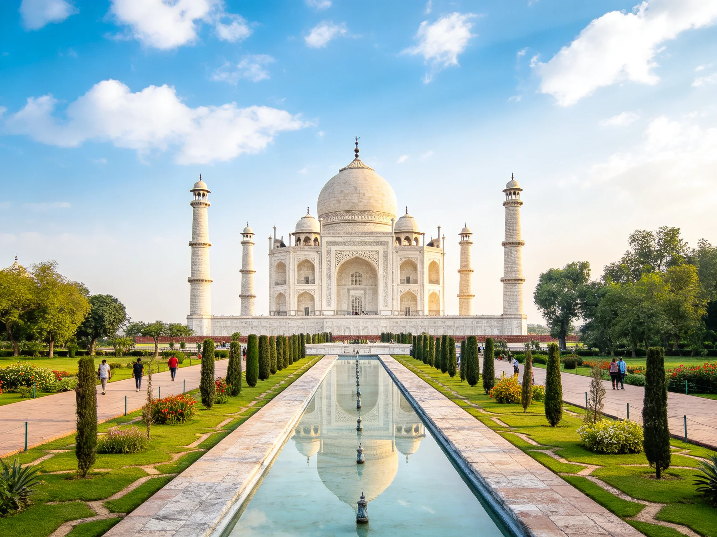 Taj Mahal centered among lush gardens and a long reflecting pool