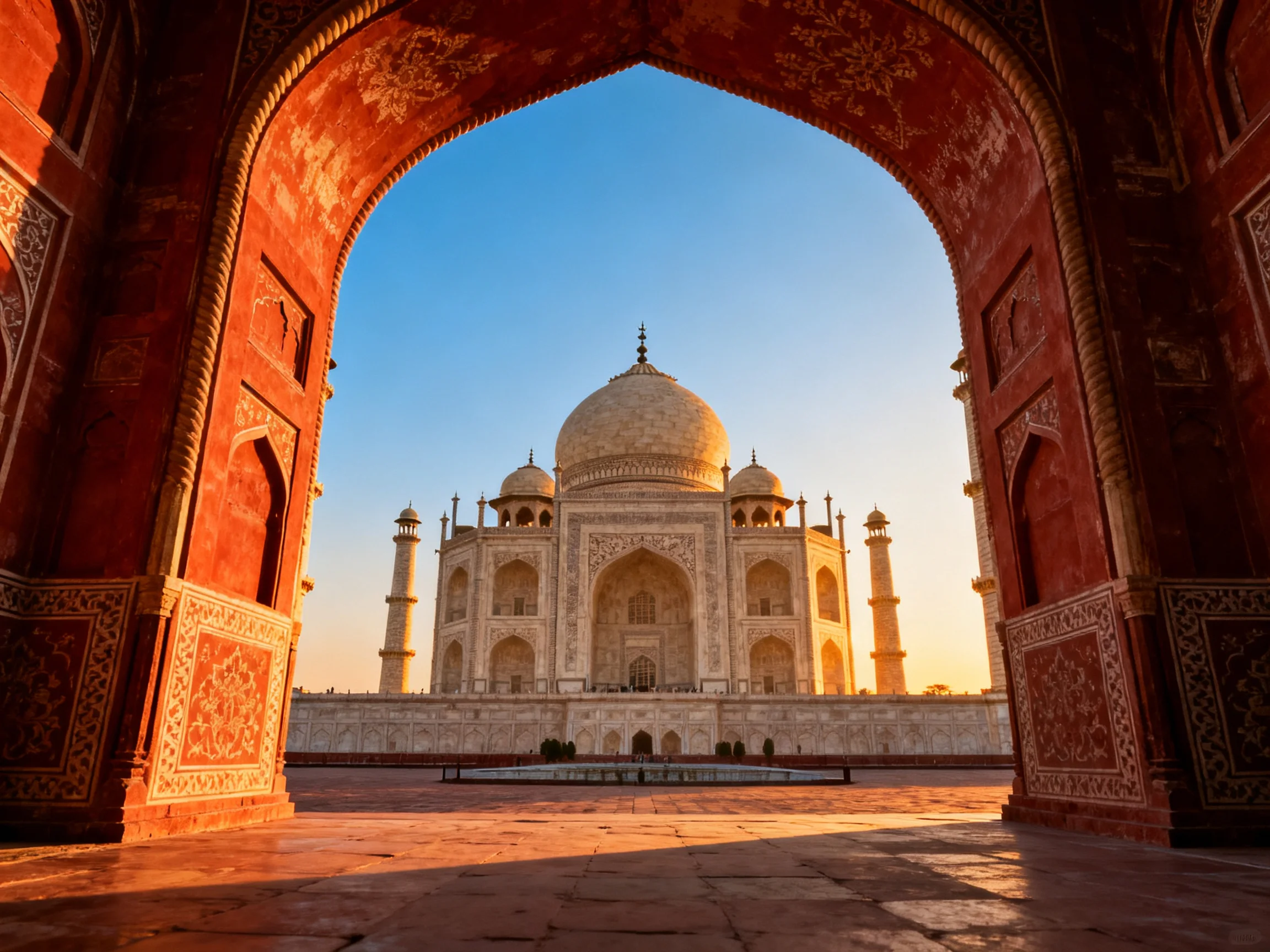 Taj Mahal viewed through a reddish stone archway with detailed carvings