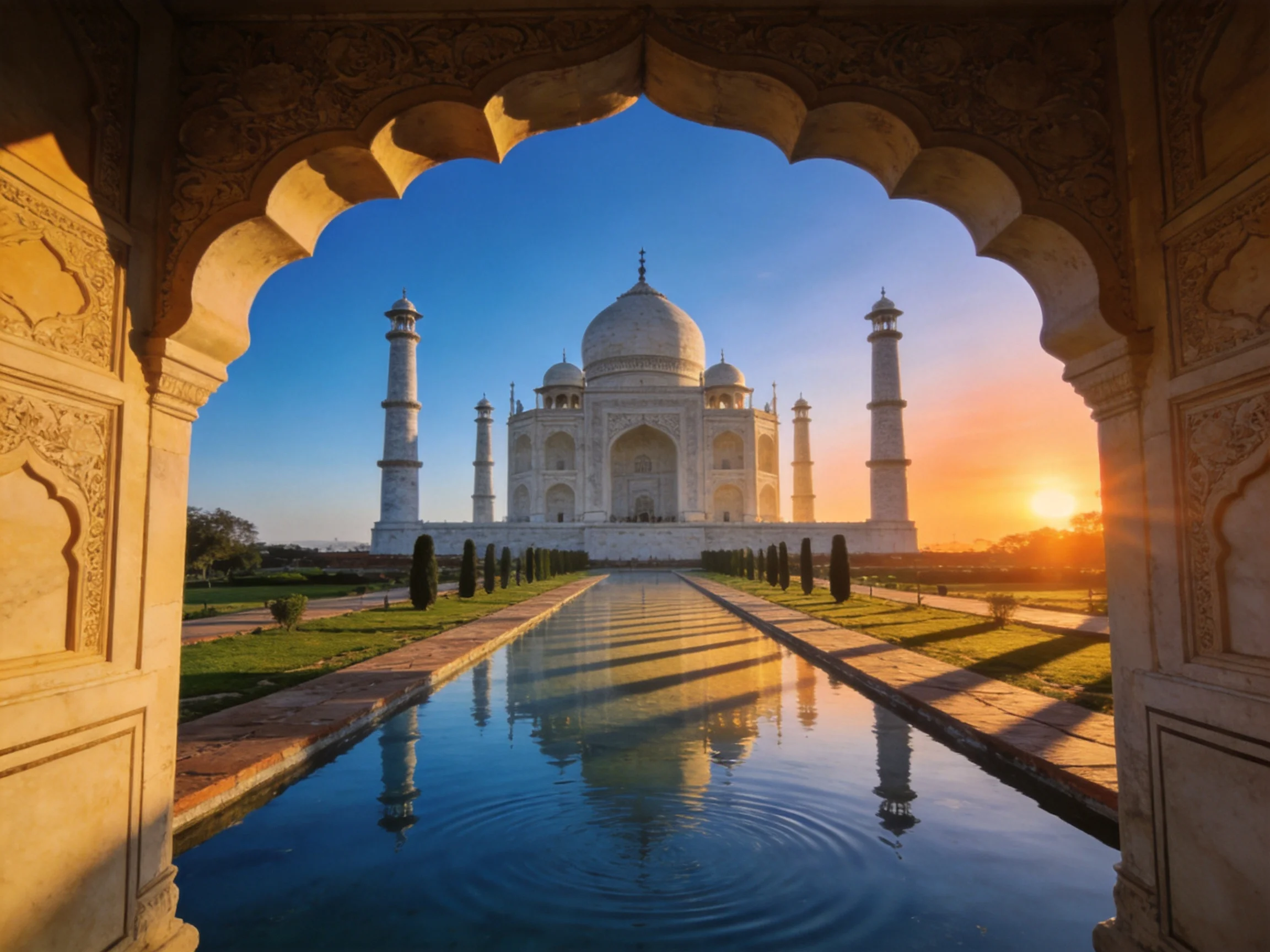 Taj Mahal viewed through ornate archway with reflecting pool at golden hour