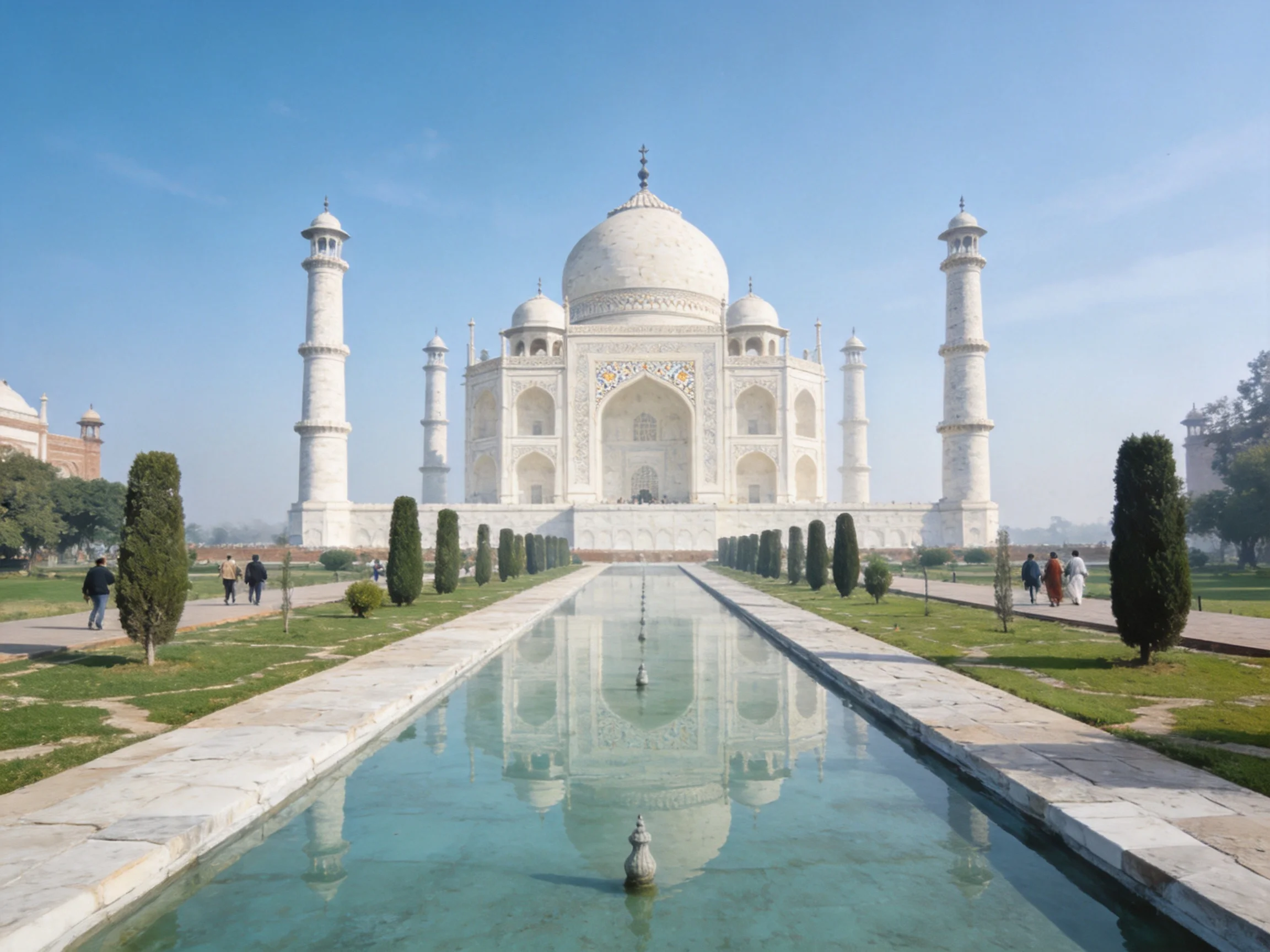 Taj Mahal with four minarets and central dome reflected in long water channel