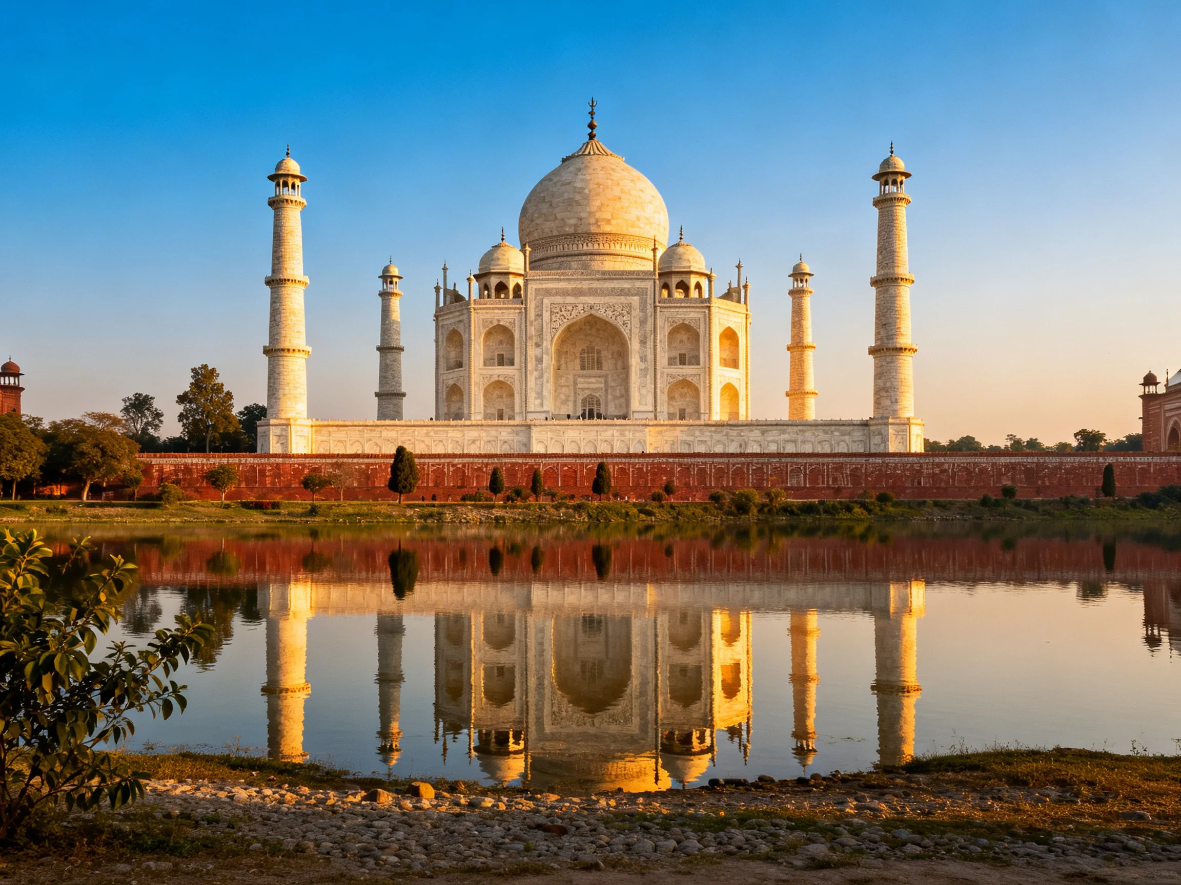 Taj Mahal with four minarets reflected in calm water under blue sky