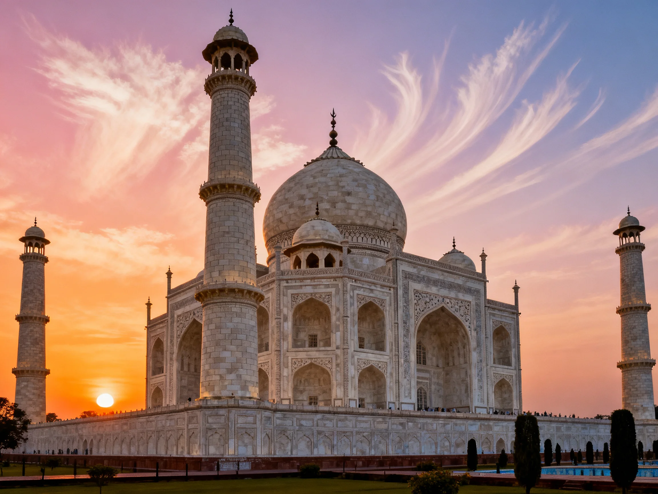 Taj Mahal with white marble architecture under sunset sky