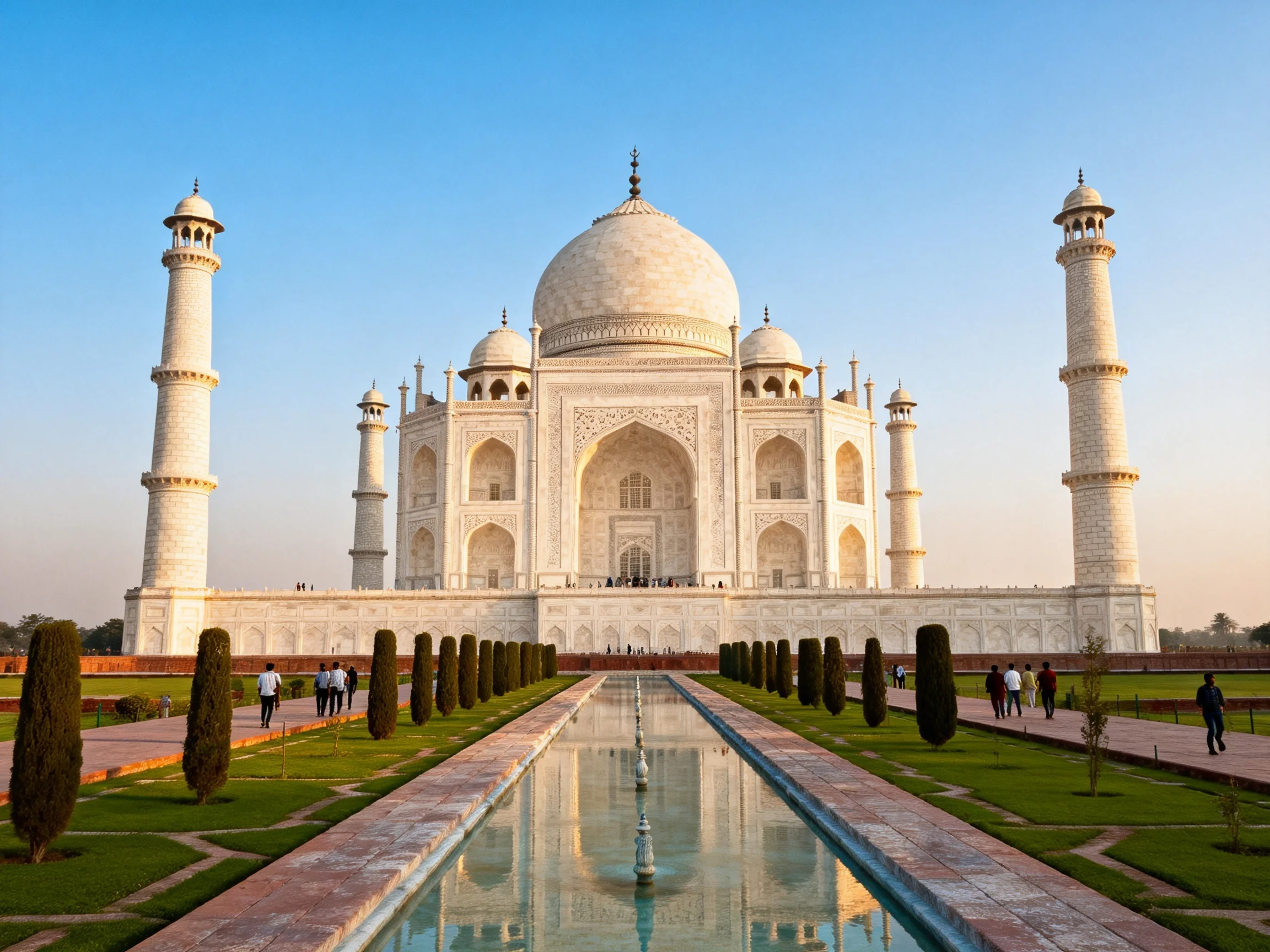 Taj Mahals White Marble Mausoleum with Four Minarets