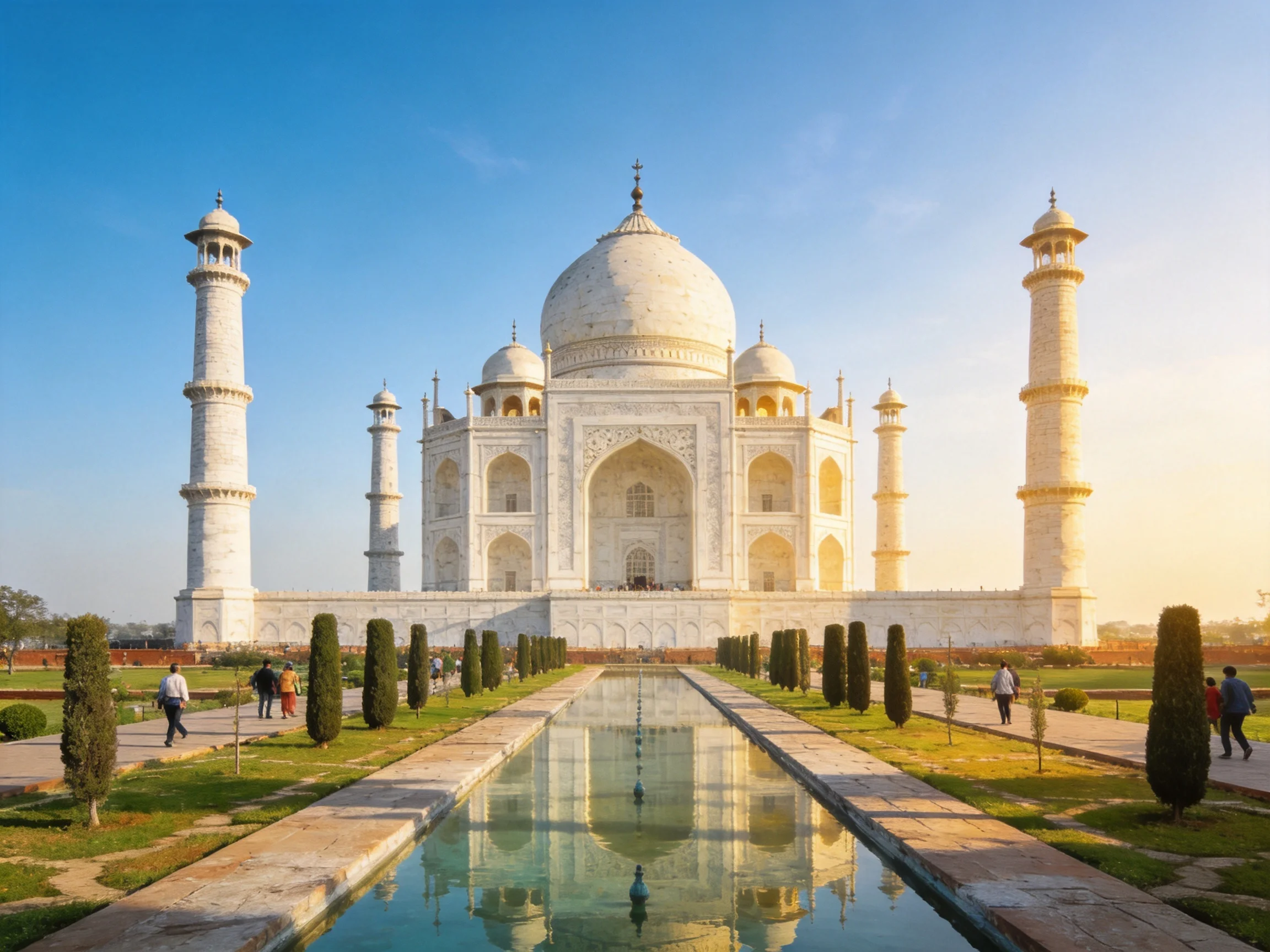 Taj Mahals White Marble Mausoleum with Reflecting Pool and Gardens