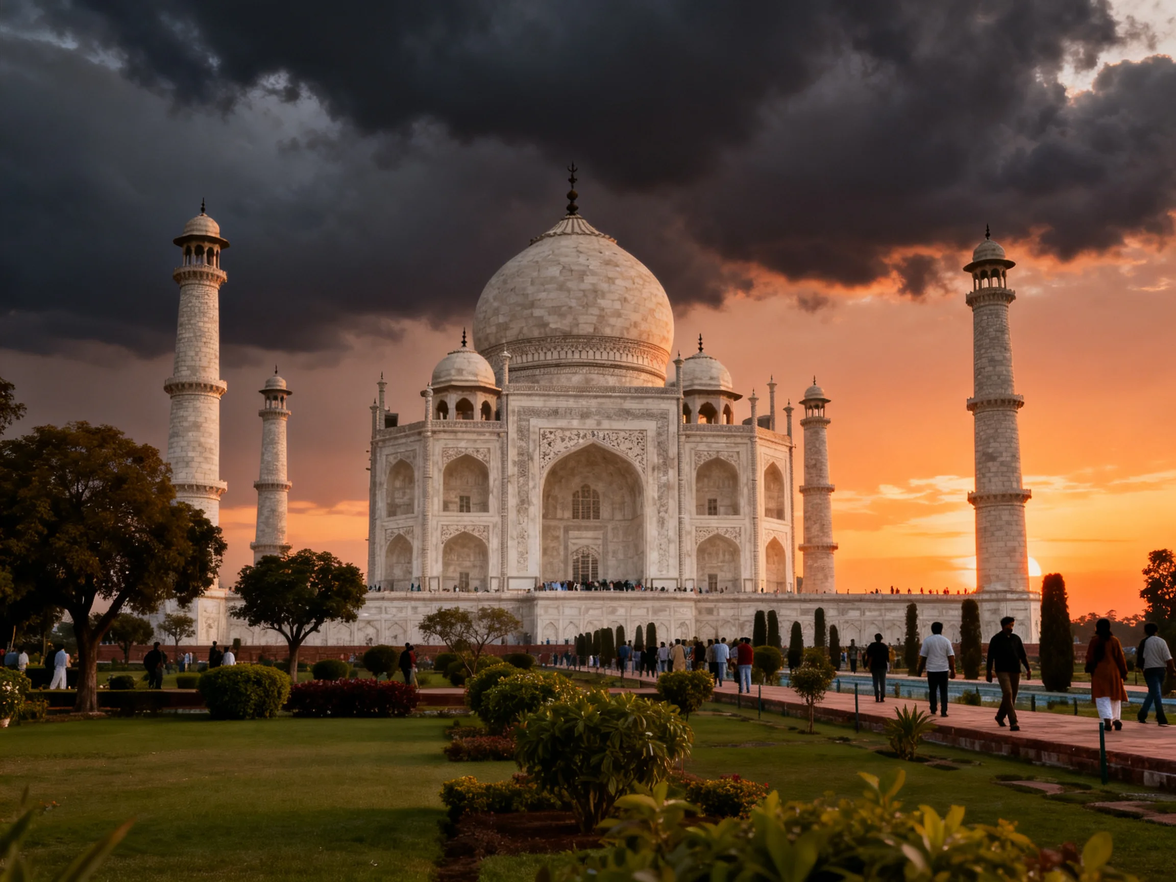 Taj Mahals white marble under dramatic sunset sky