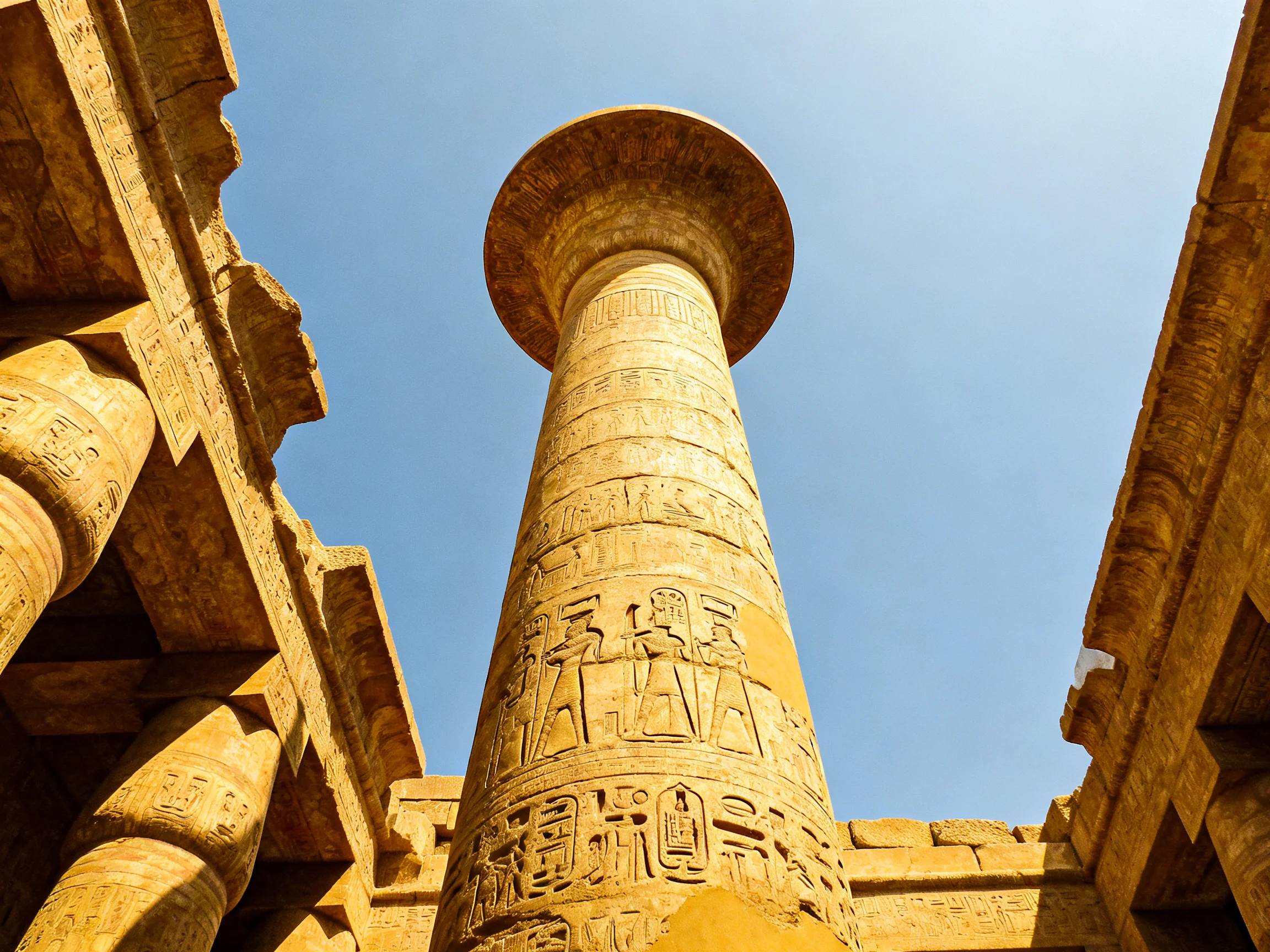 Tall ancient stone column with hieroglyphic carvings in temple ruins