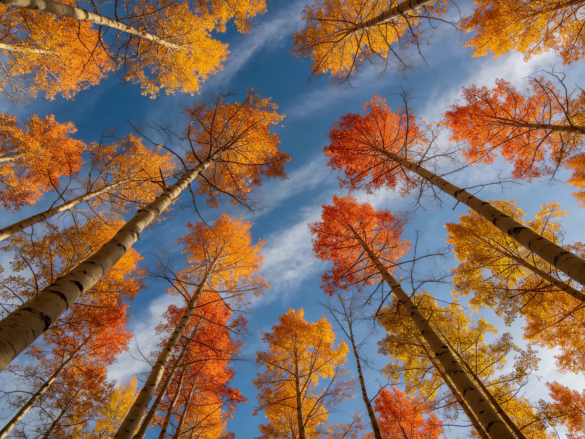 Tall birch trees show vibrant orange and golden leaves beneath a clear blue sky