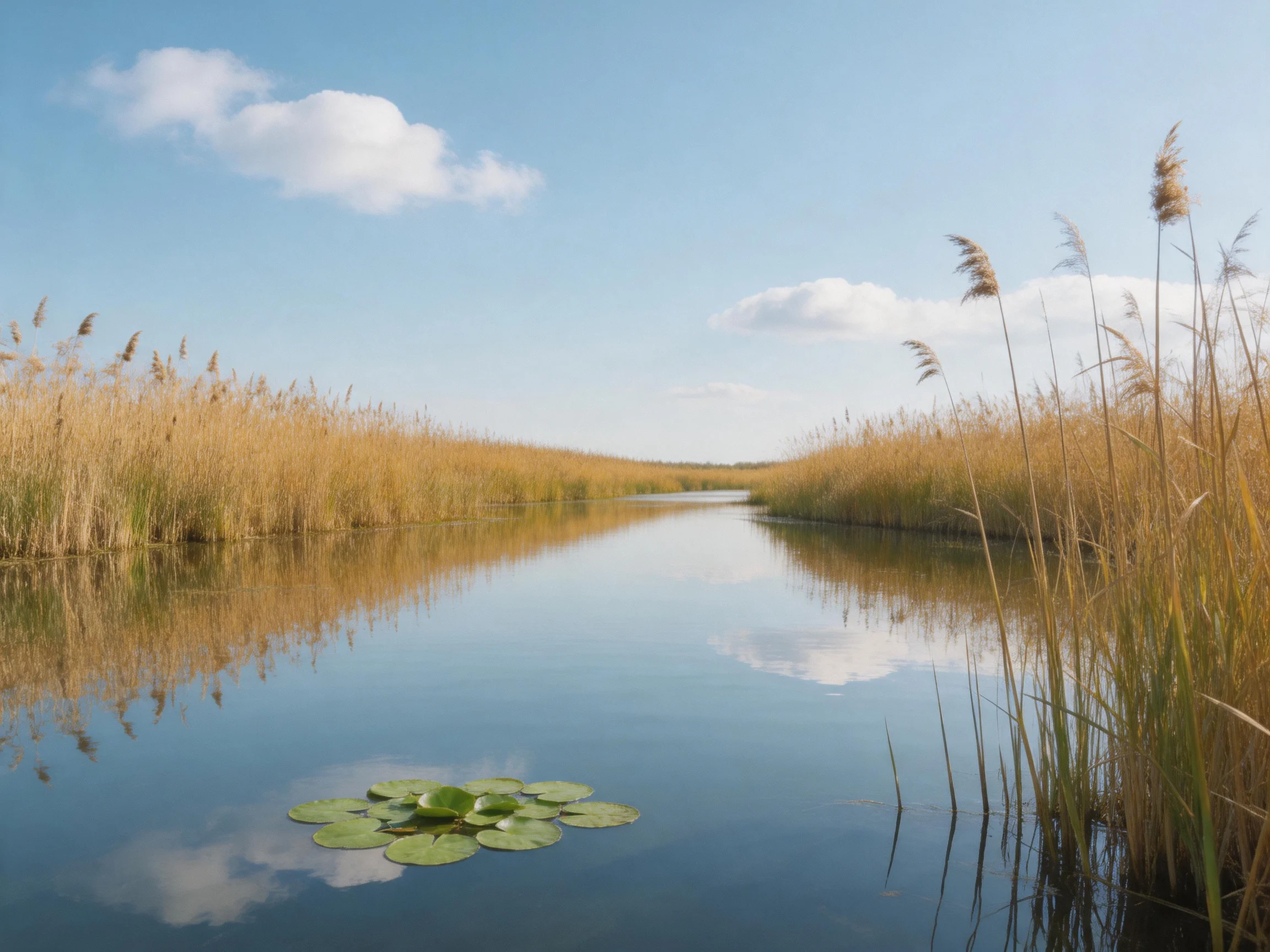 Tall golden reeds border a calm waterway with lily pads