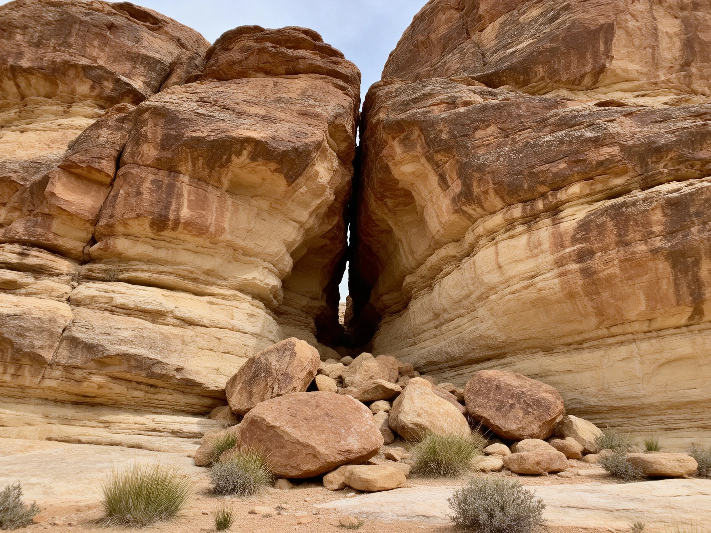Tall layered rock formations with scattered boulders in earthy tones