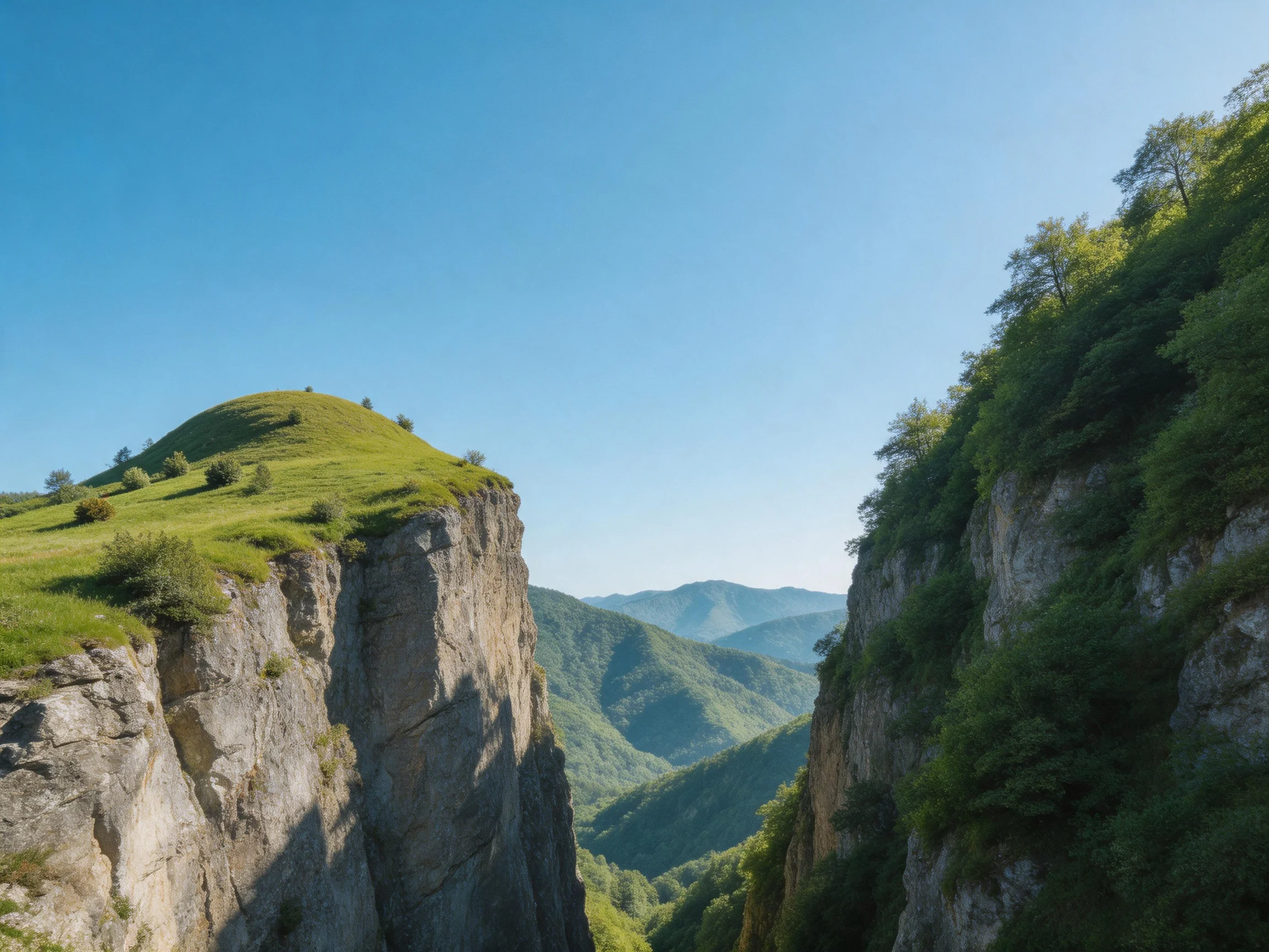 Tall rocky cliffs with lush green slopes between distant mountains