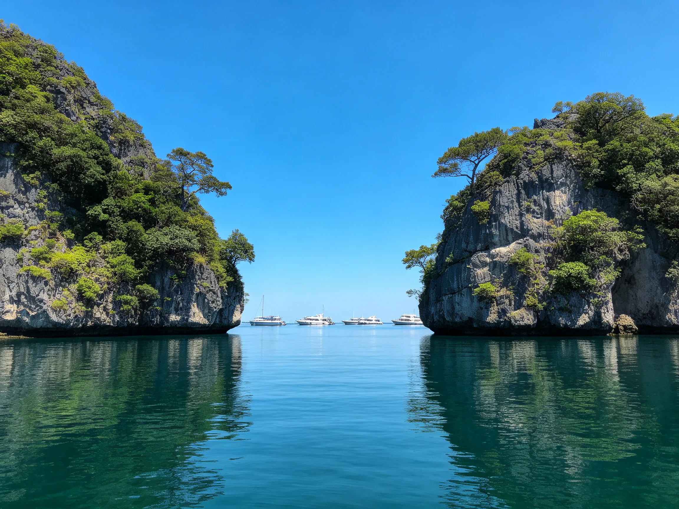 Tall rocky cliffs with lush greenery frame calm turquoise waters under clear blue sky