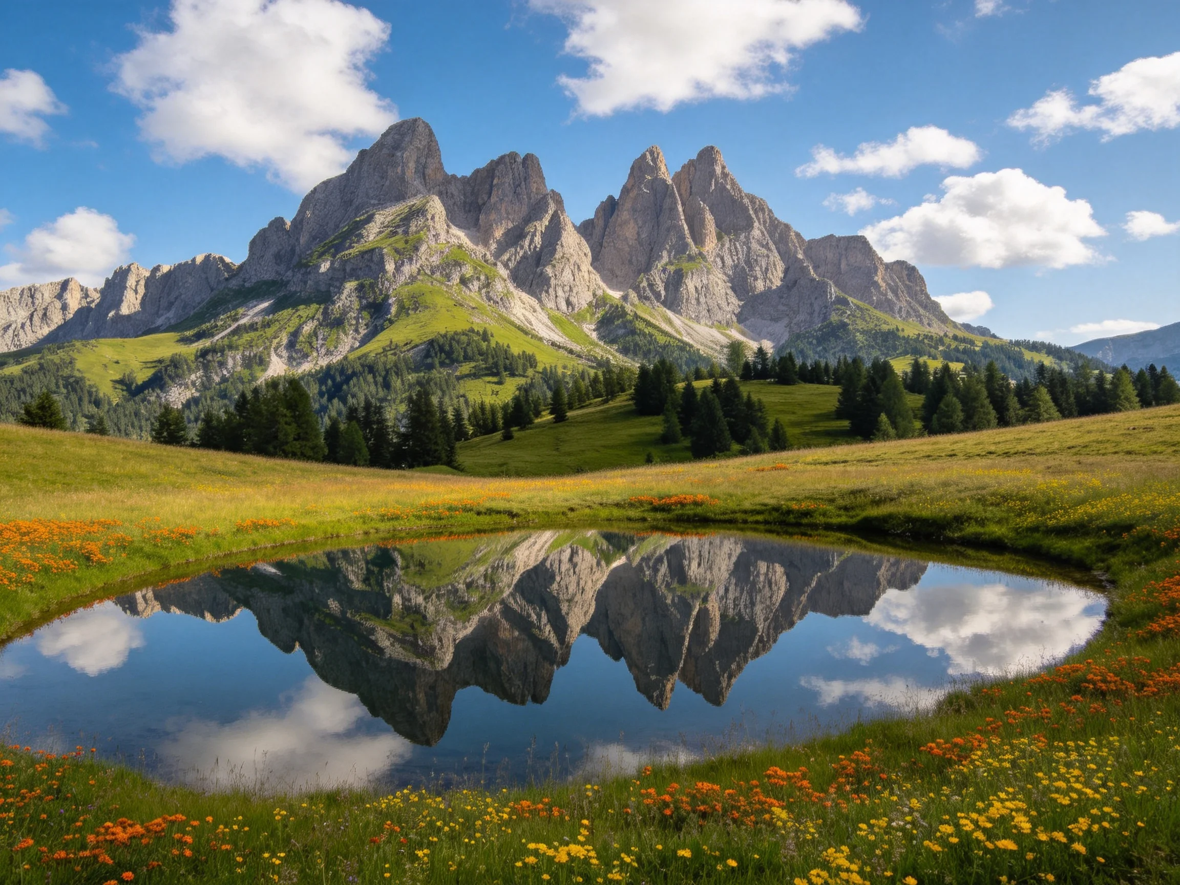 Tall rocky peaks reflect in a serene alpine meadow with colorful wildflowers