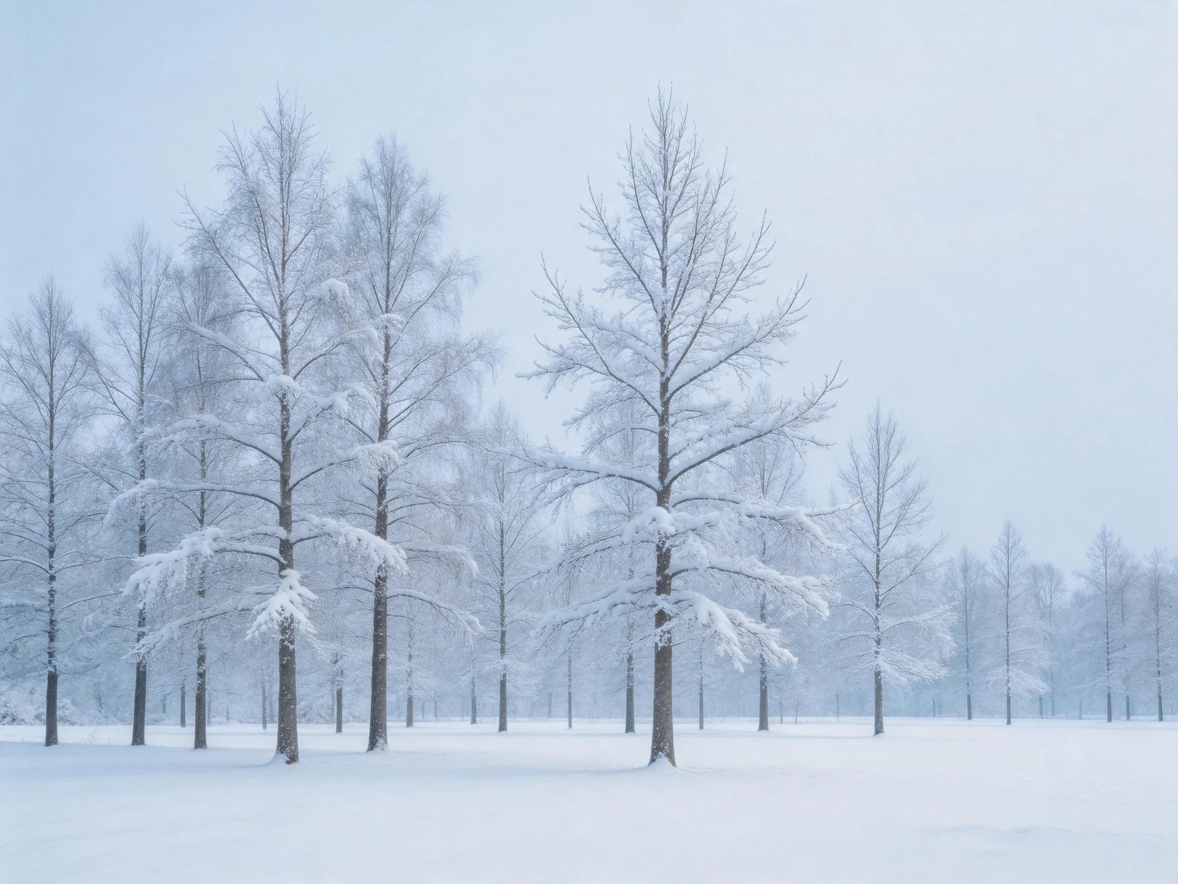 Tall snow-laden trees fill a broad winter landscape