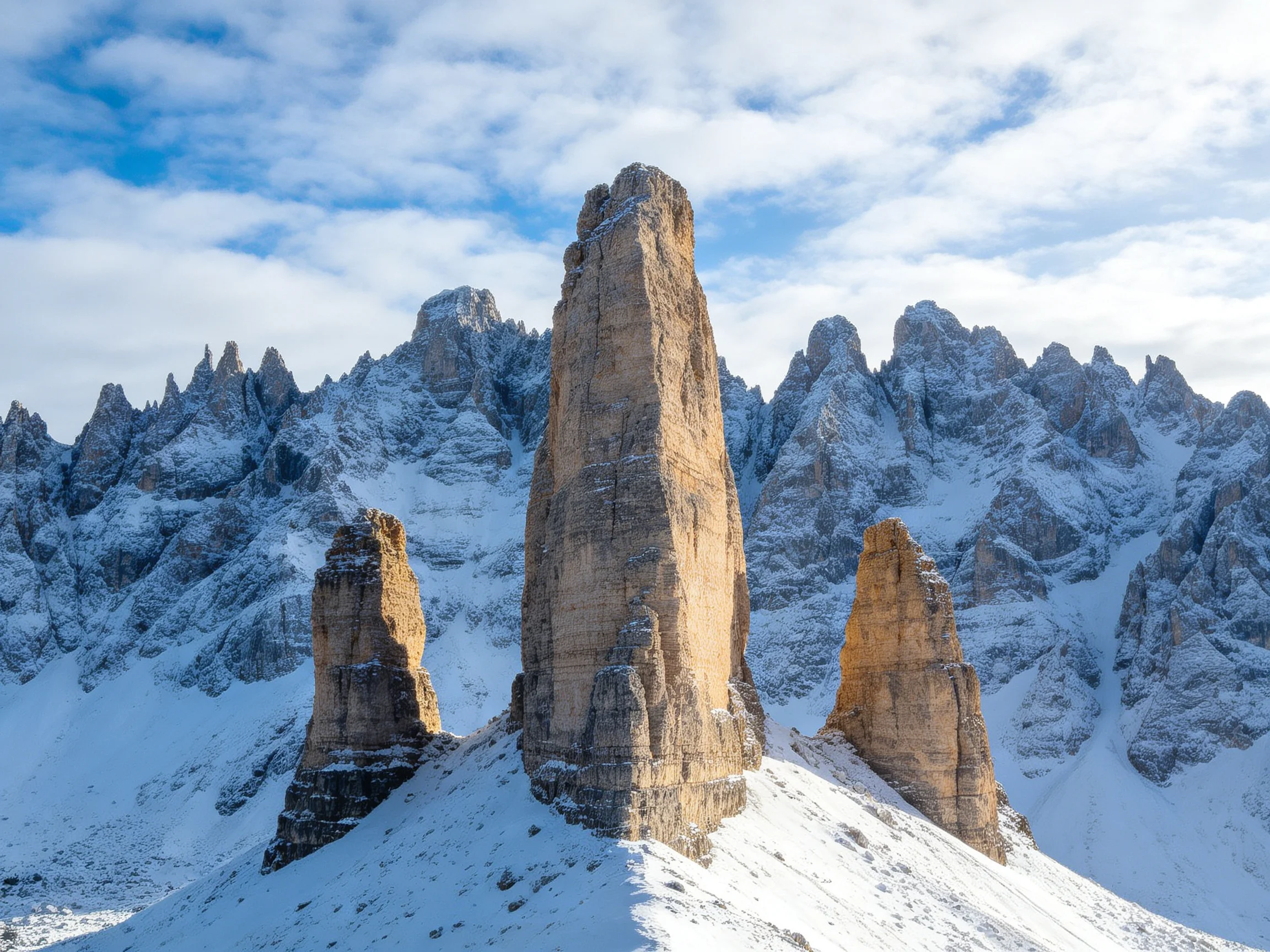 Tall stone spires stand among snow-dusted mountain peaks under bright blue skies