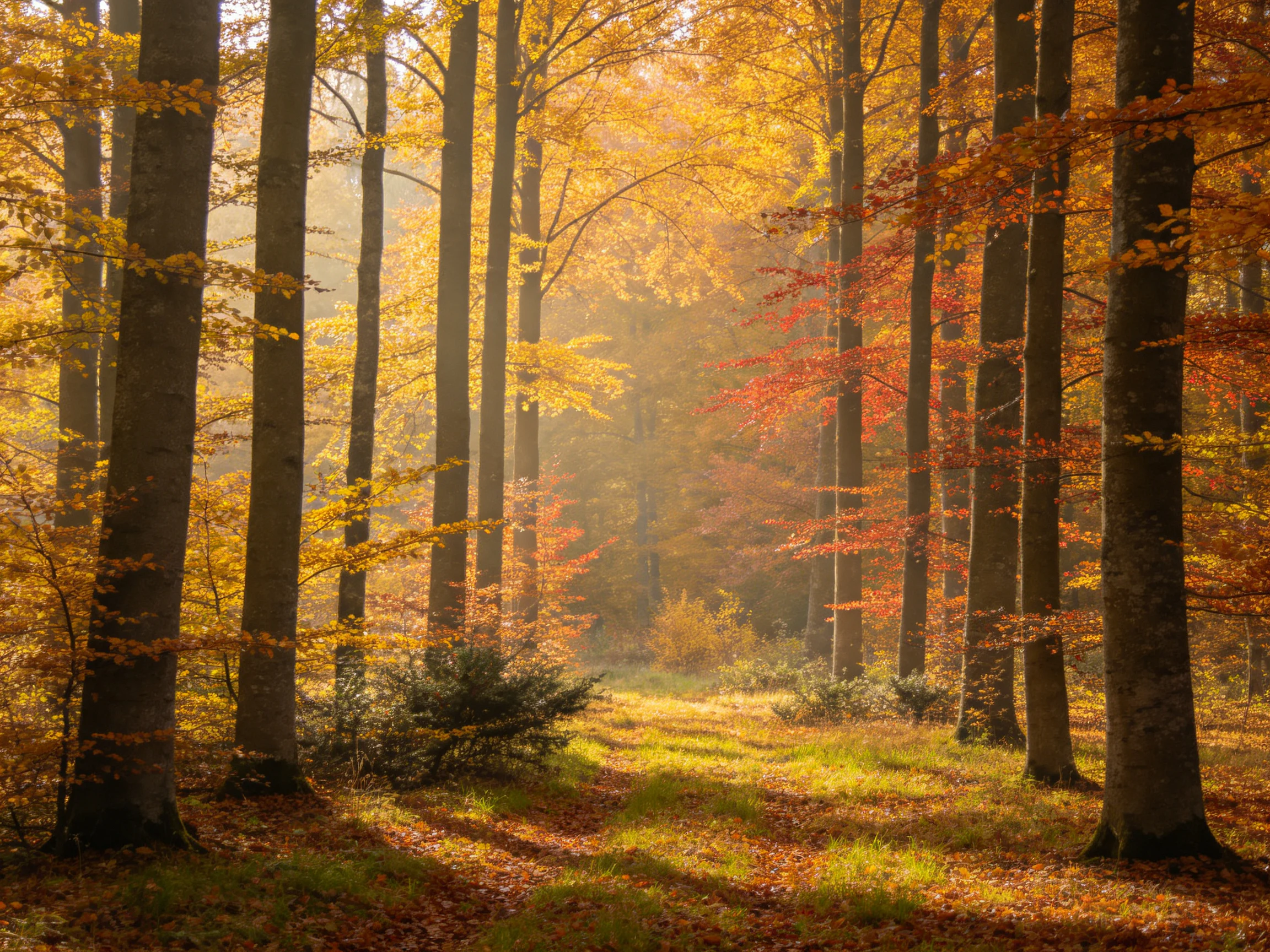 Tall trees with golden and crimson foliage in an autumn forest