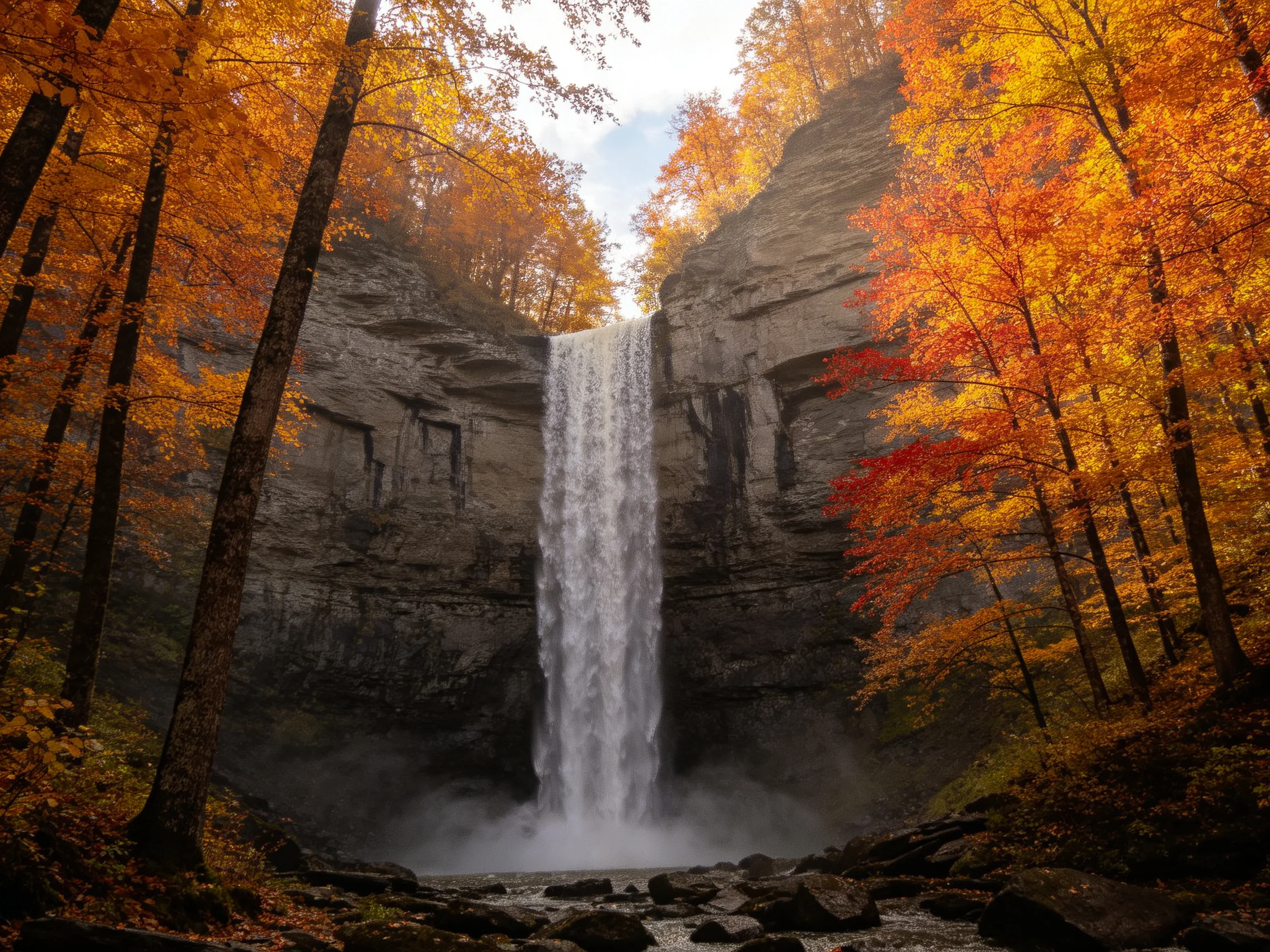 Tall waterfall cascades between rocky cliffs amid vibrant autumn foliage