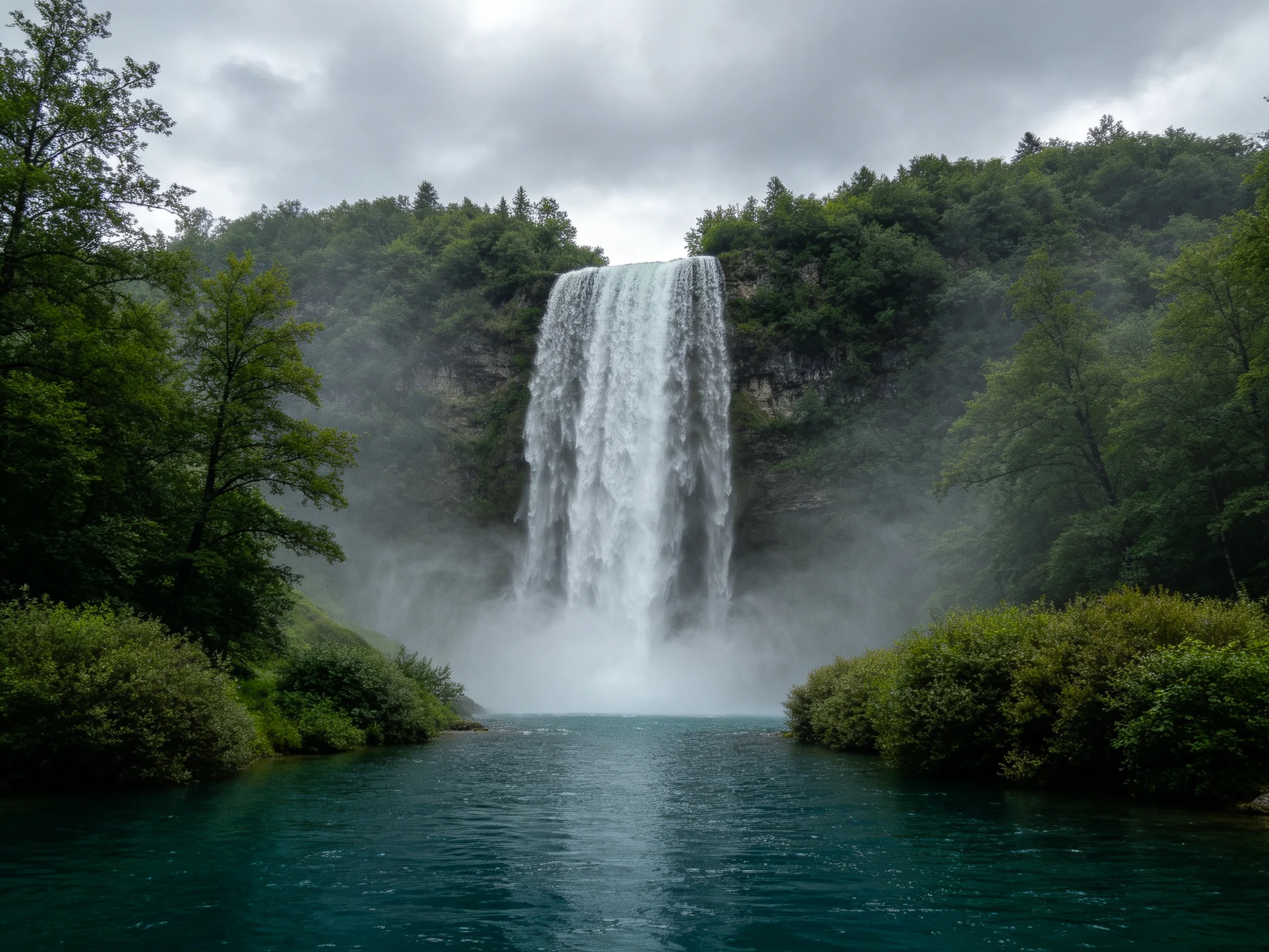 Tall waterfall cascades into turquoise pool amid lush green forest