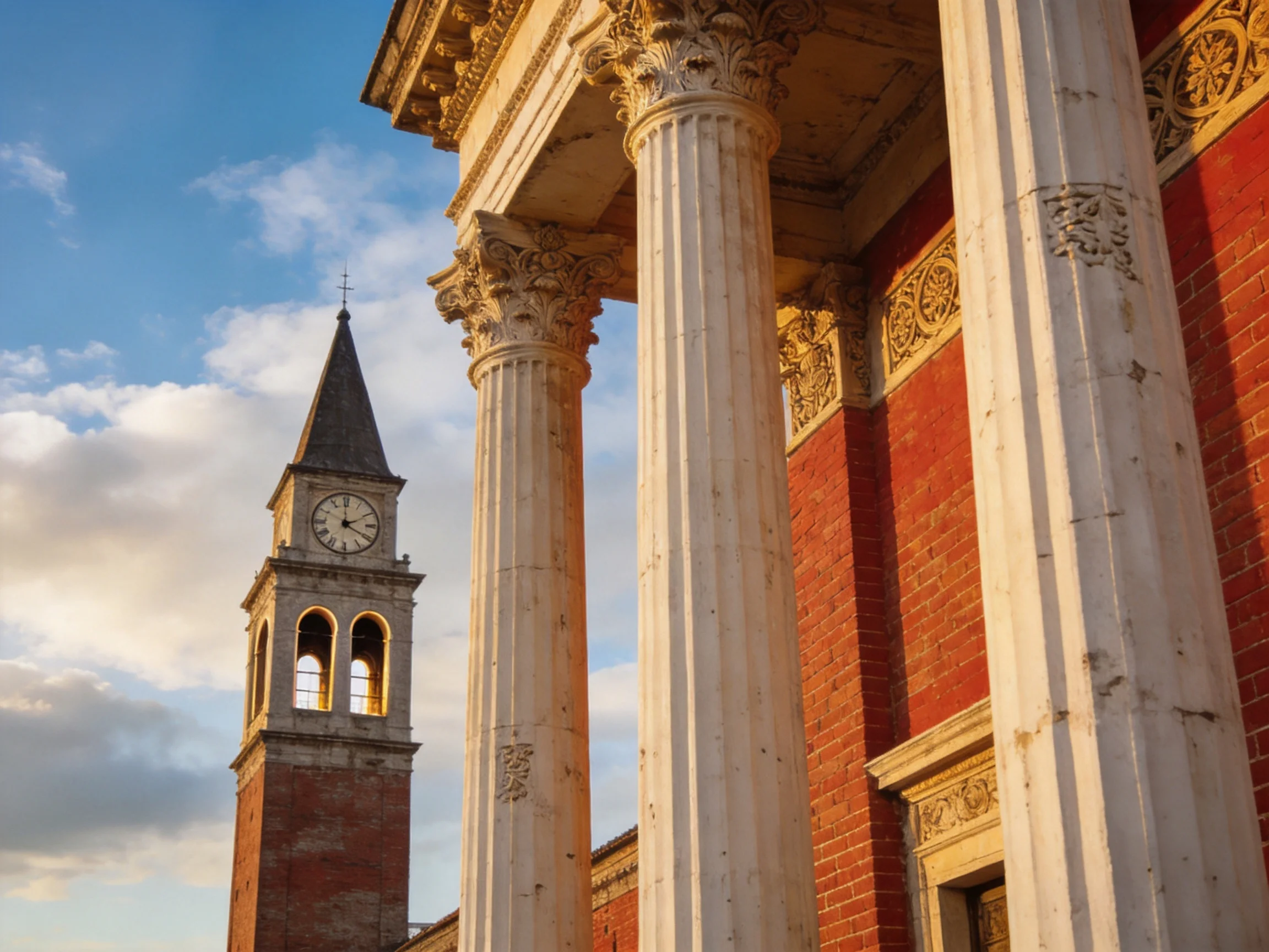 Tall white columns beside a red-brick building near a clock tower