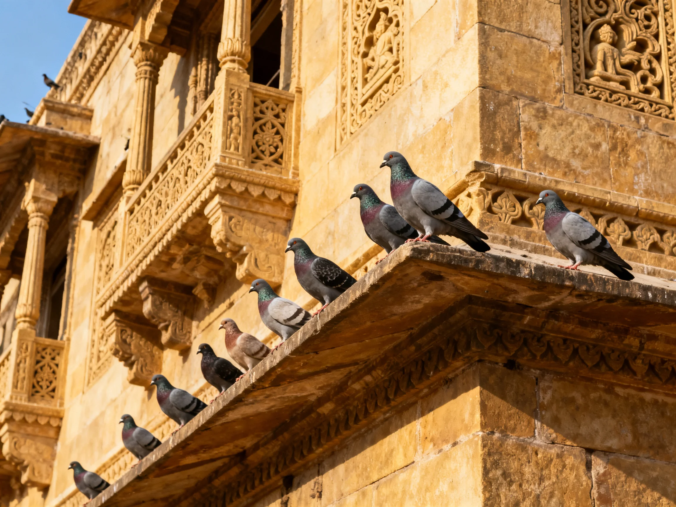 Ten pigeons rest on a historic yellow stone balcony ledge