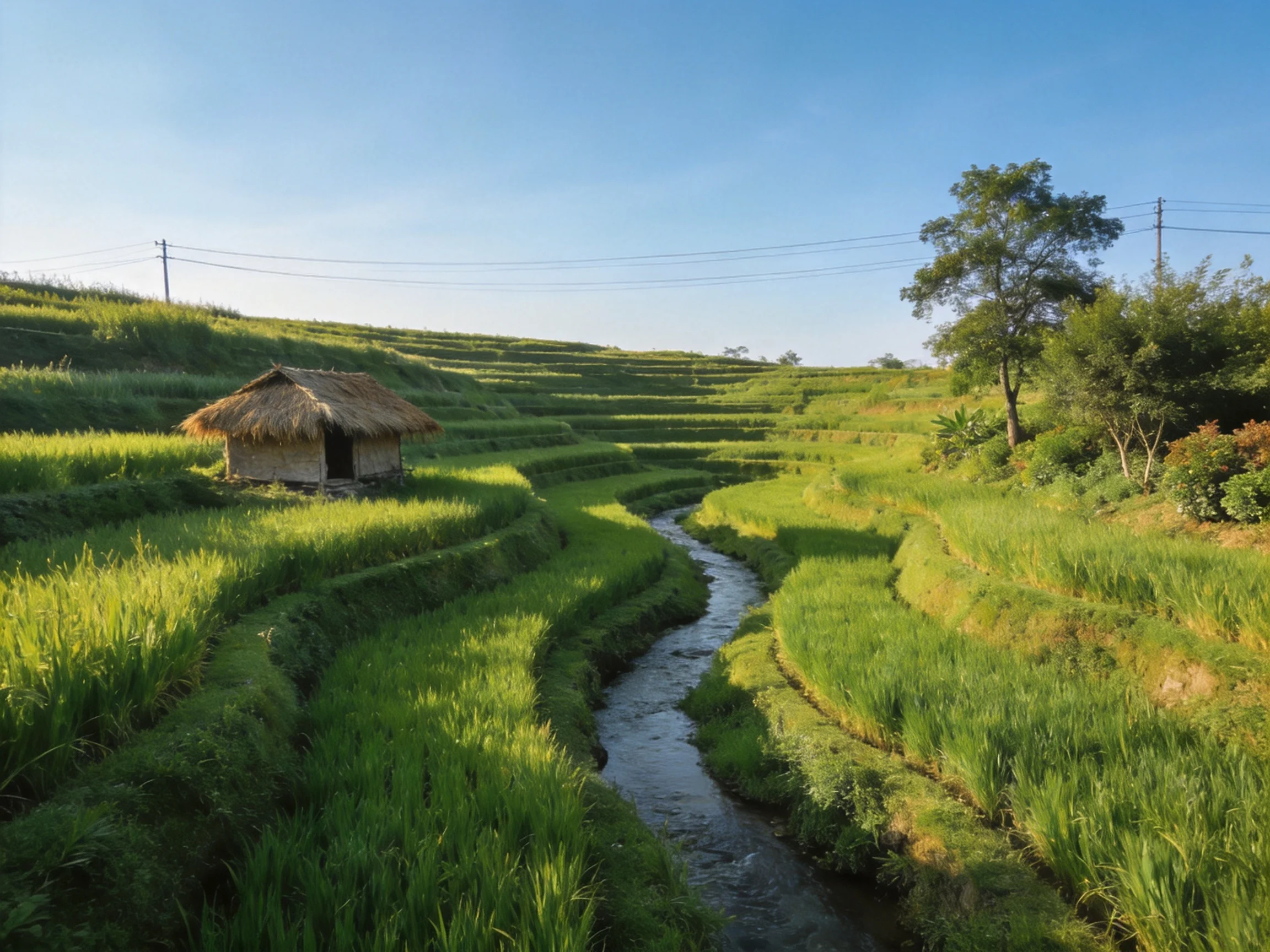 Terraced green rice fields with a thatched hut and winding stream