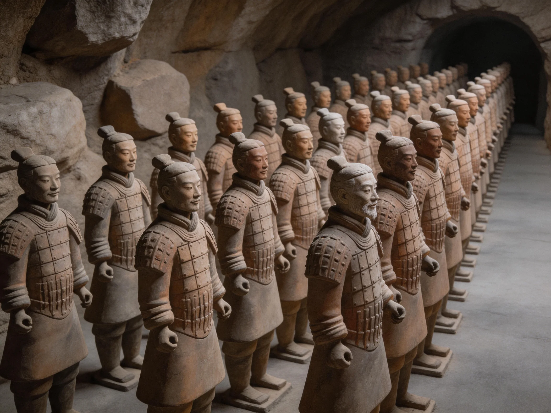 Terracotta Warrior Statues Arranged in a Rock-Cut Archaeological Chamber