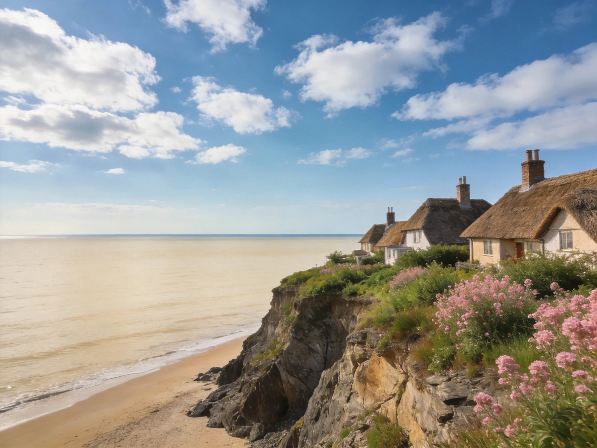 Thatched cottages sit on a rocky cliff overlooking a sandy coastal beach