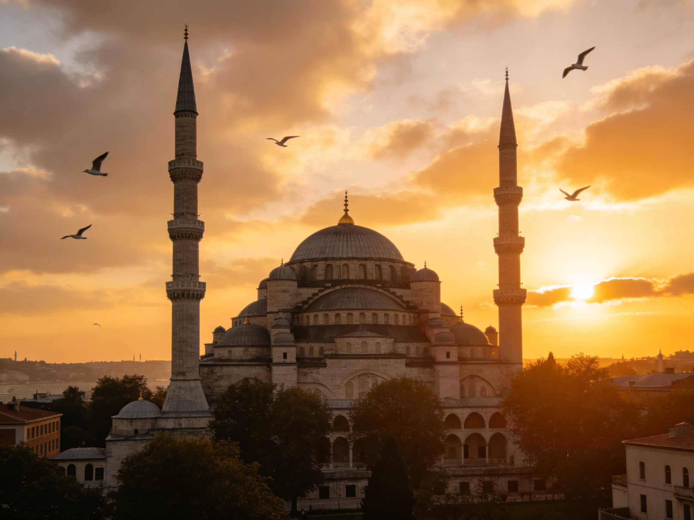The Blue Mosque lit by golden sunset clouds and seagulls