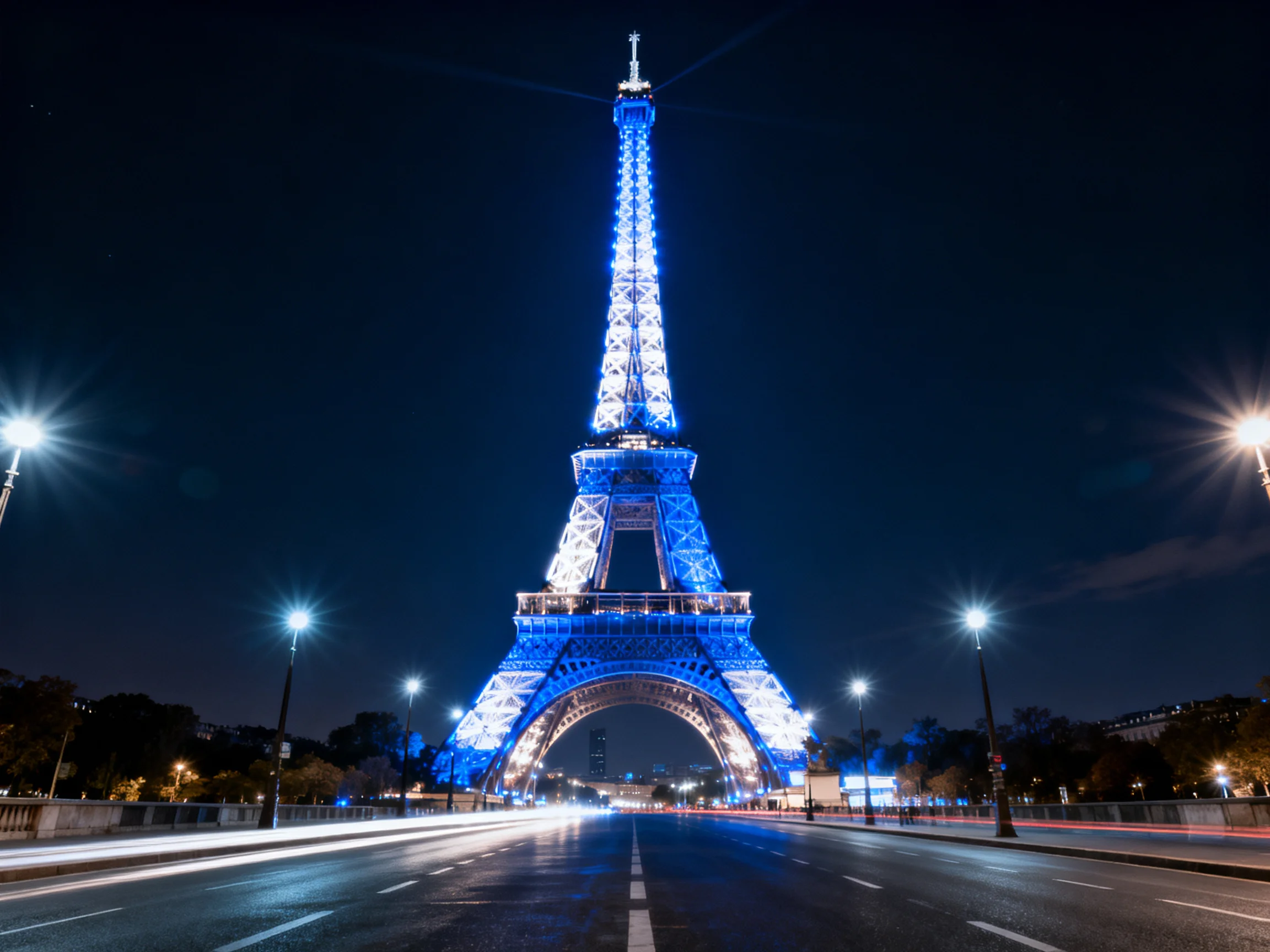 The Eiffel Tower illuminated in vibrant blue against a dark night sky