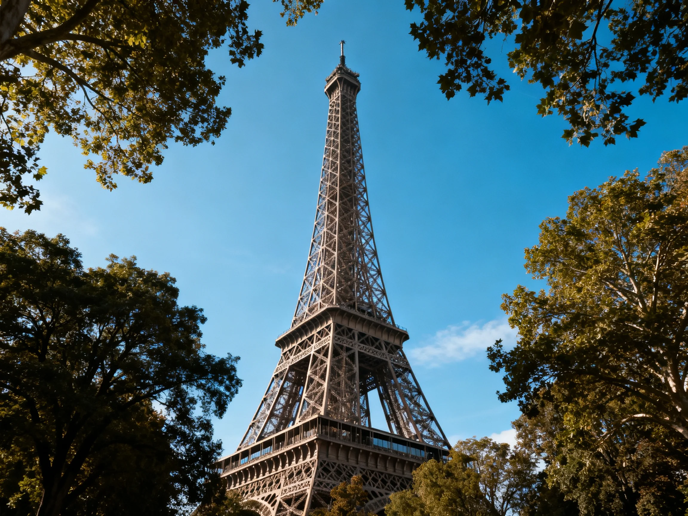 The Eiffel Tower rises majestically among dense green foliage under a vivid blue sky.