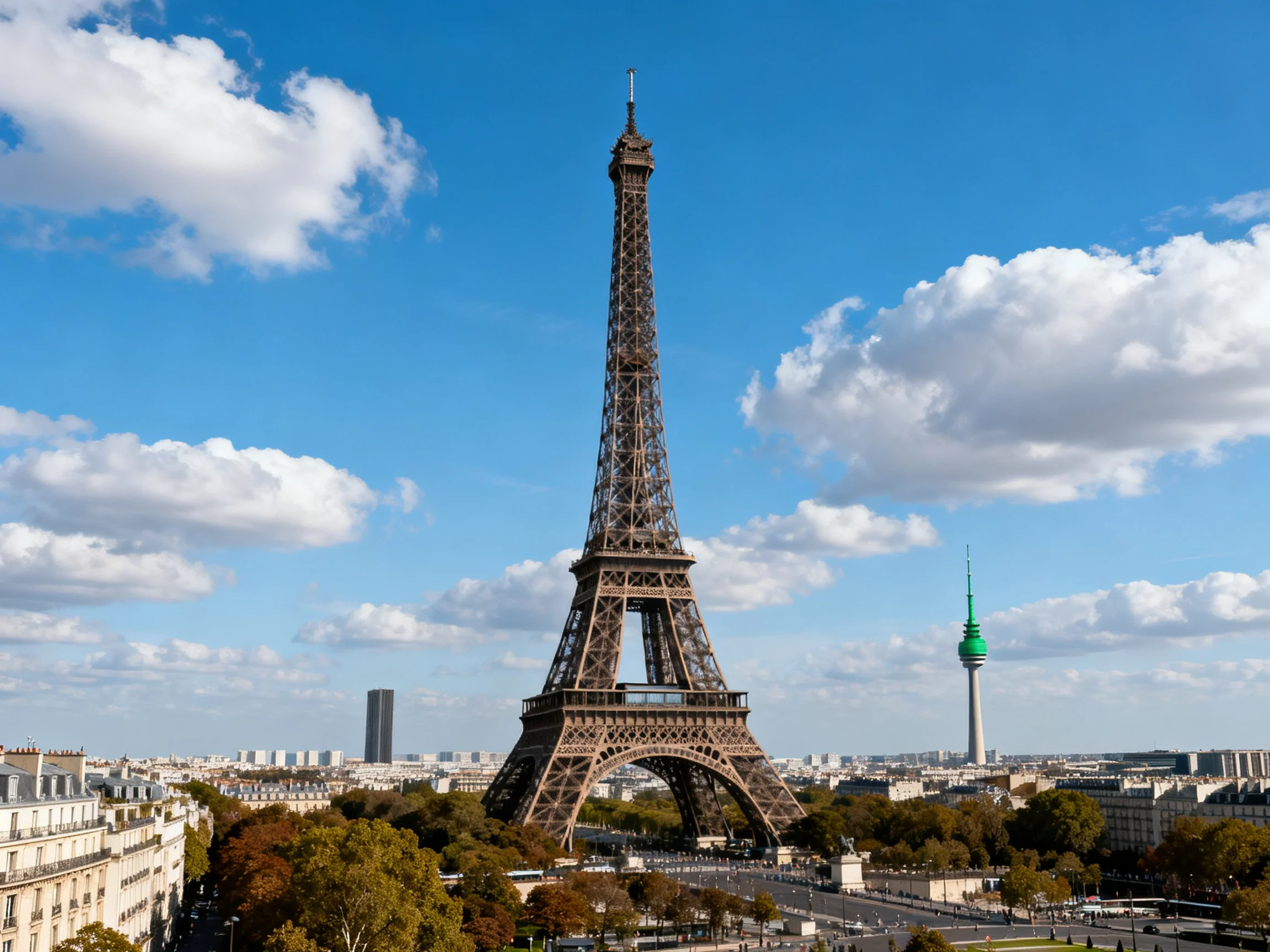 The Eiffel Tower towers over Paris with a bright blue sky and scattered white clouds