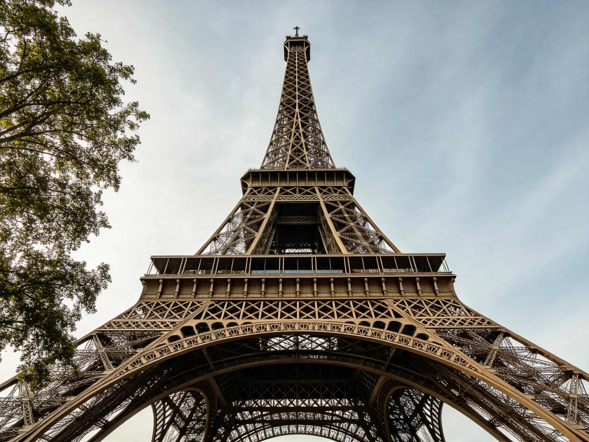 The Eiffel Tower viewed from ground level, showcasing intricate iron lattice and surrounding trees.