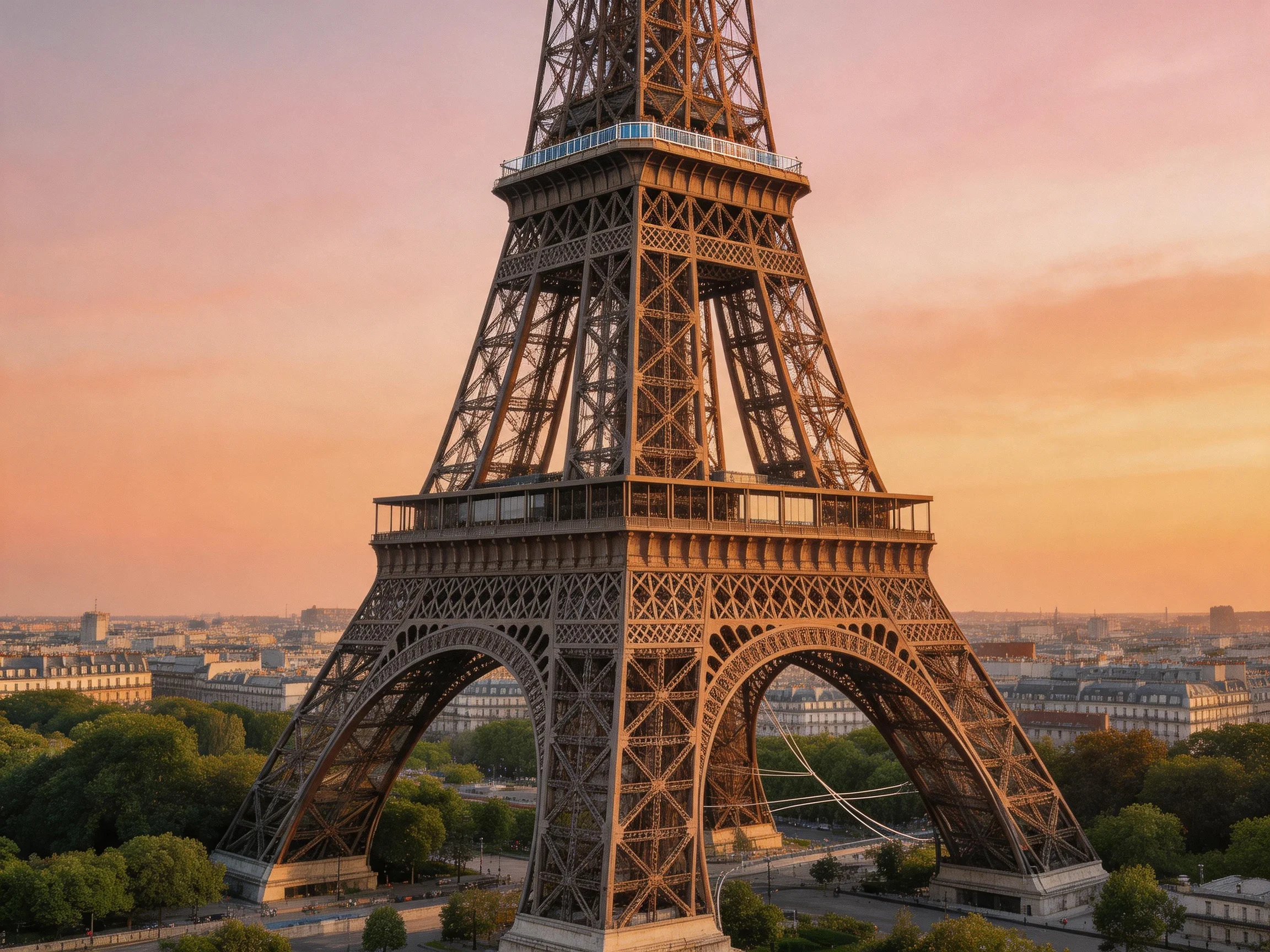 The Eiffel Tower, with its intricate ironwork, stands against a vibrant pink-orange sunset sky