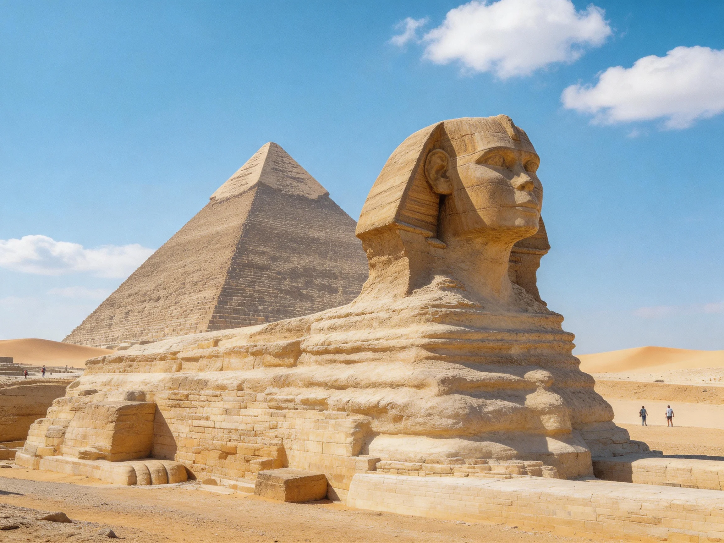 The Great Sphinx and Pyramid of Giza in Arid Desert Under Bright Blue Sky
