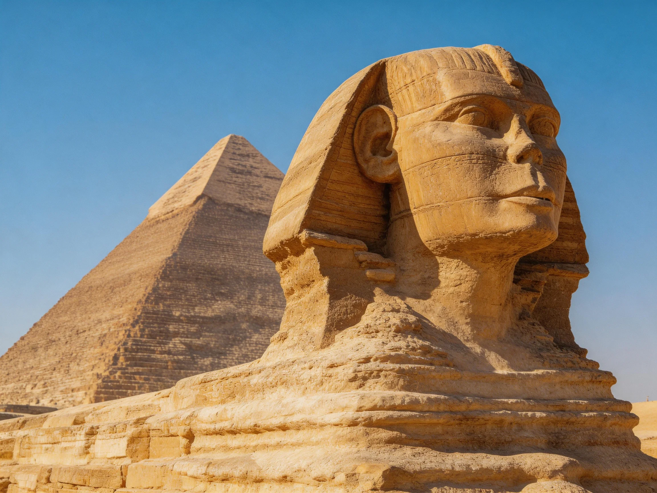 The Great Sphinx and a large sand-colored pyramid under a clear blue sky