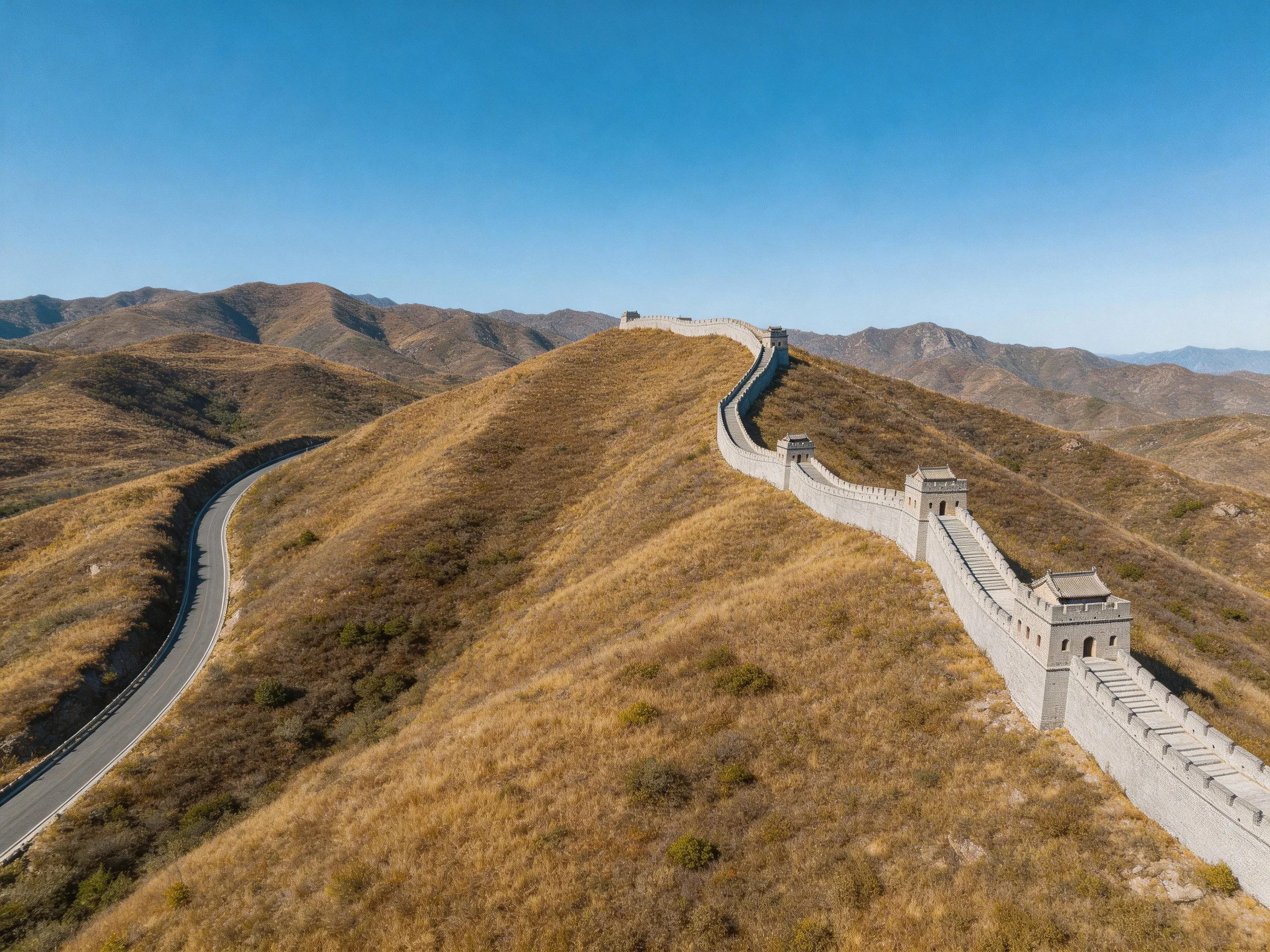 The Great Wall stretches along rolling brown mountains with a winding road