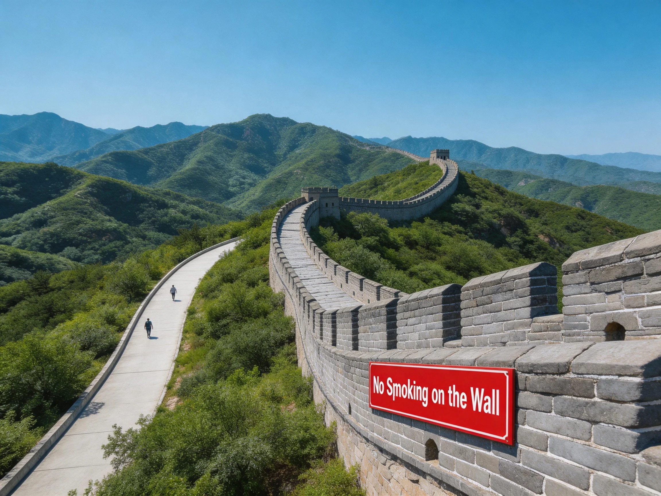 The Great Wall winding through lush green mountains with a No Smoking sign