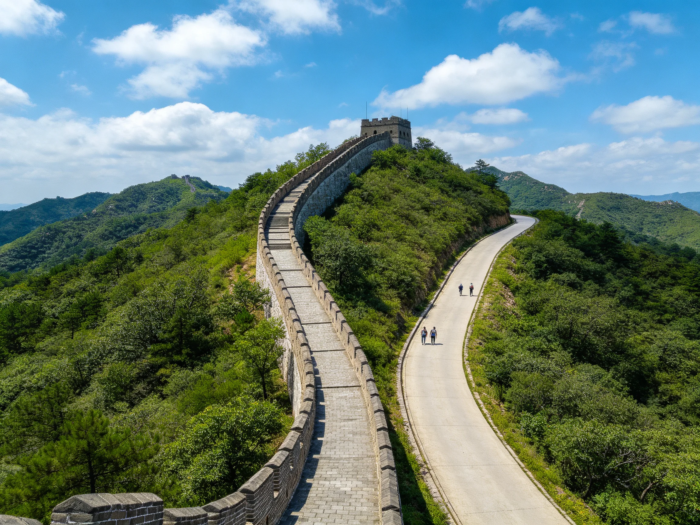 The Great Wall winds along lush green hills under bright blue skies