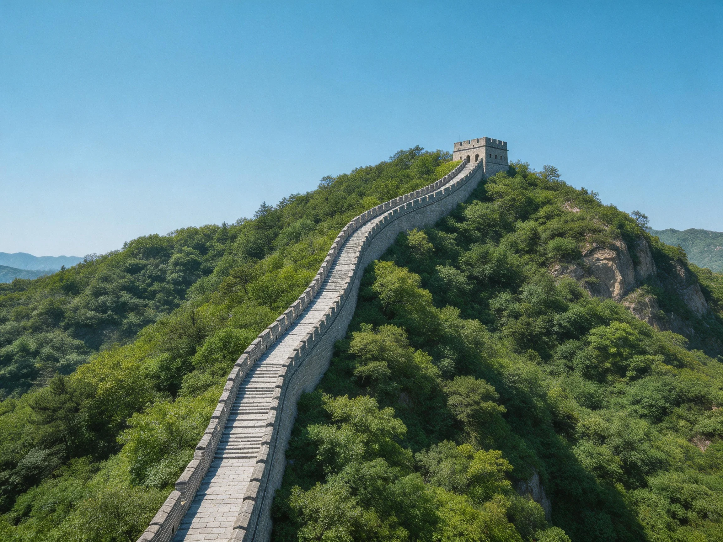 The Great Wall winds along lush green mountains under clear blue sky