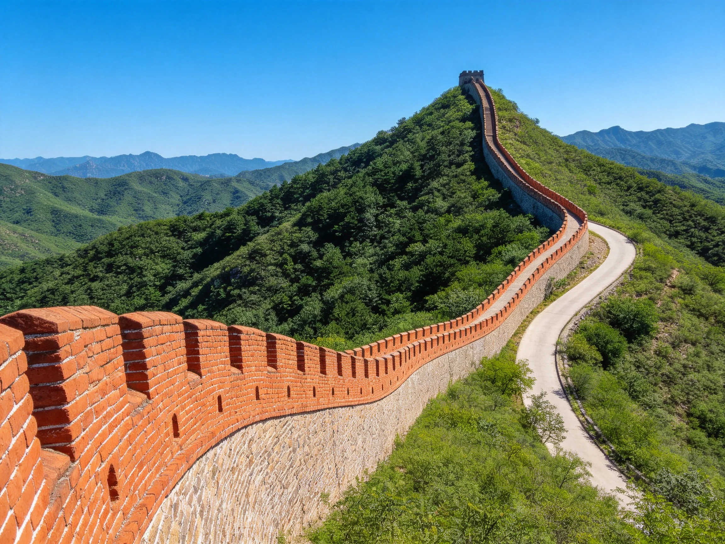 The Great Wall winds along lush green mountains with red brick walls