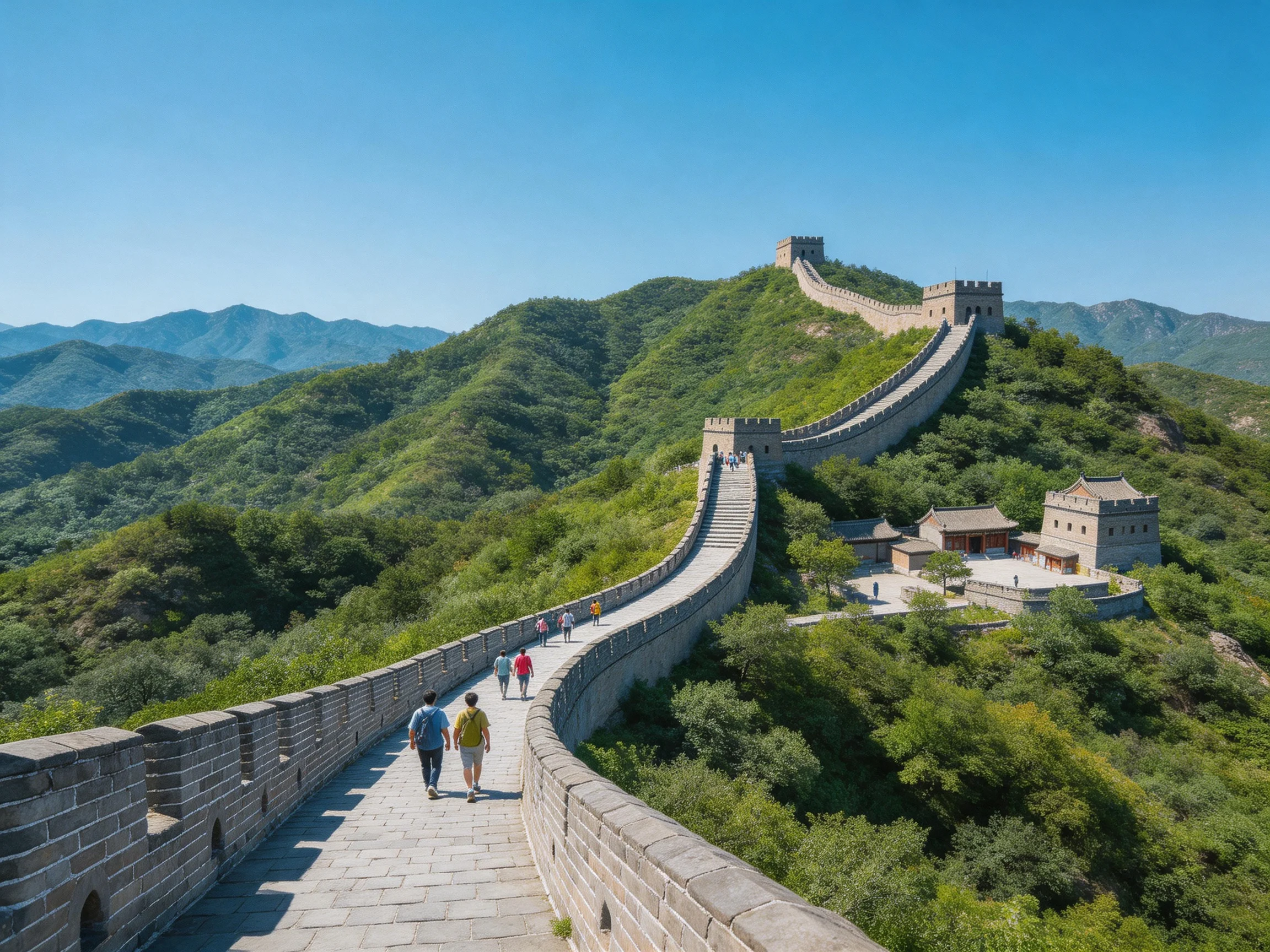 The Great Wall winds through lush green mountains with visitors walking