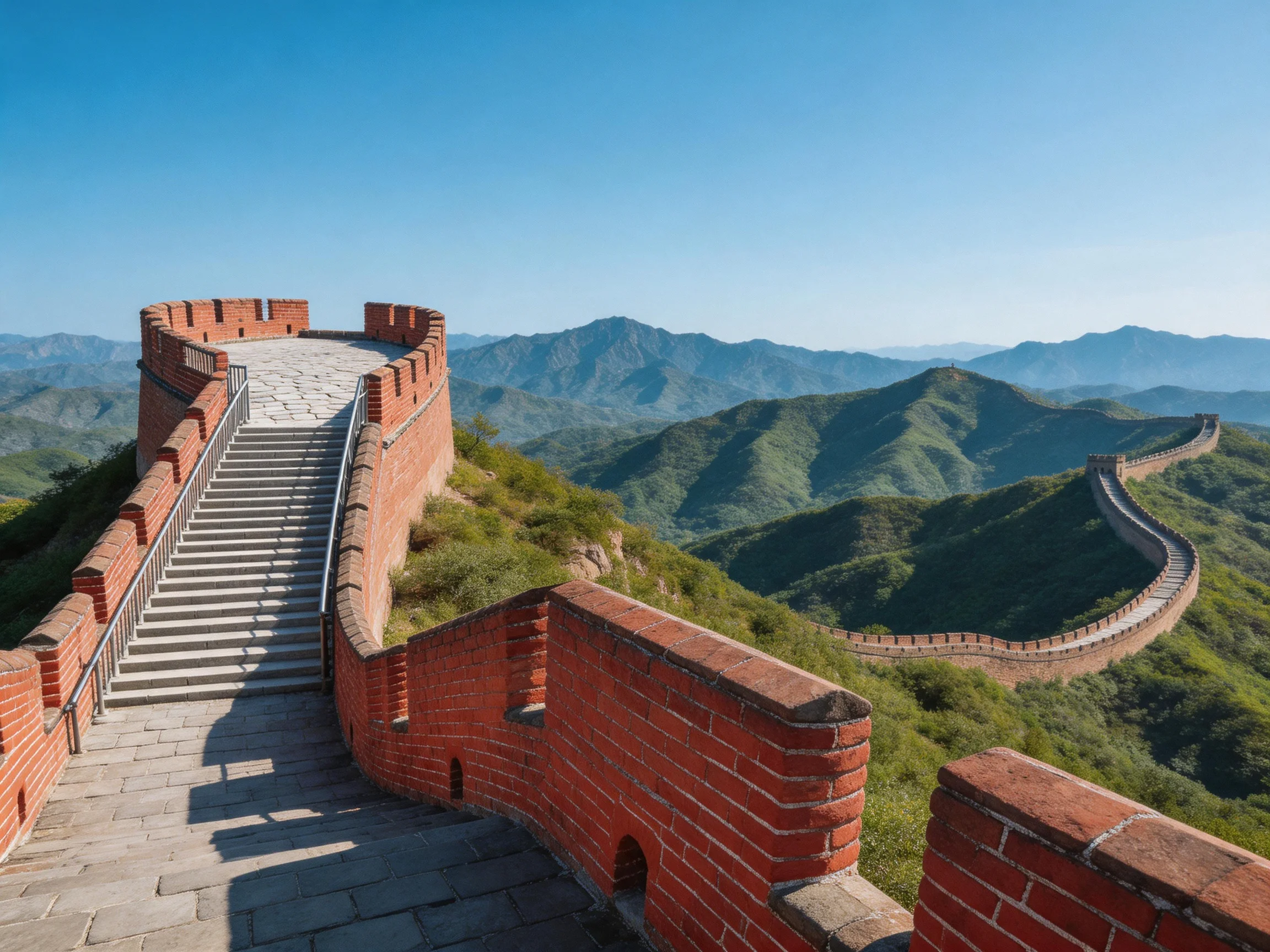The Red Brick Great Wall winding through lush green mountains under clear blue skies