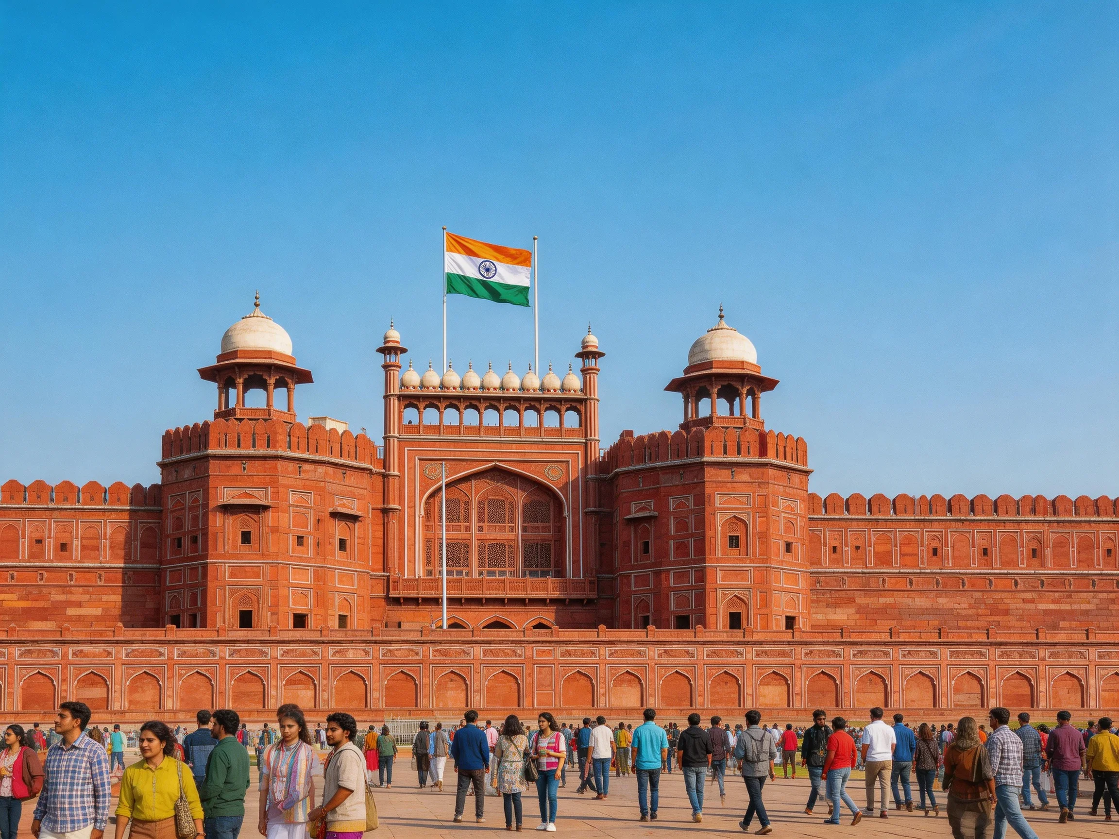 The Red Forts Grand Red Sandstone Facade with Indian Flag