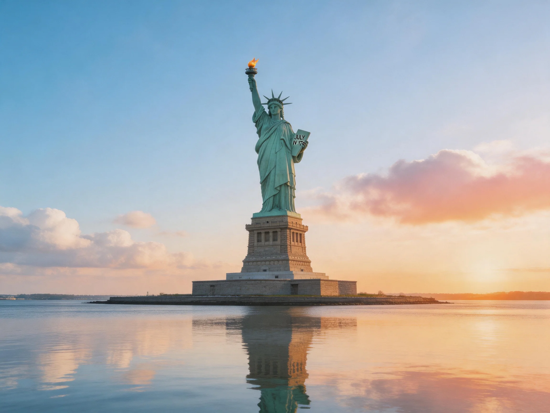 The Statue of Liberty stands on a small island with reflective calm waters under a colorful sunset sk