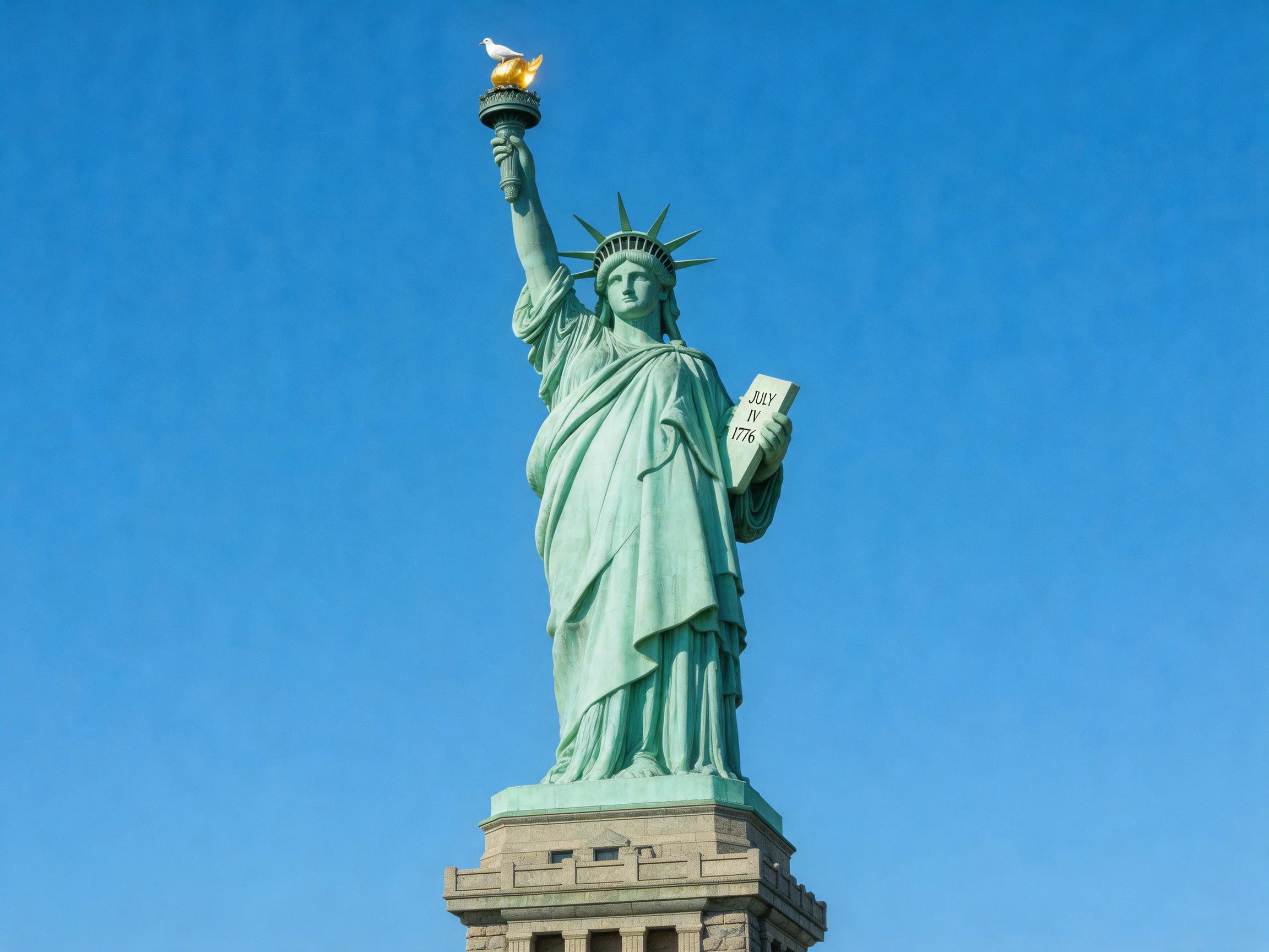 The Statue of Liberty with a bird on her torch under a clear blue sky