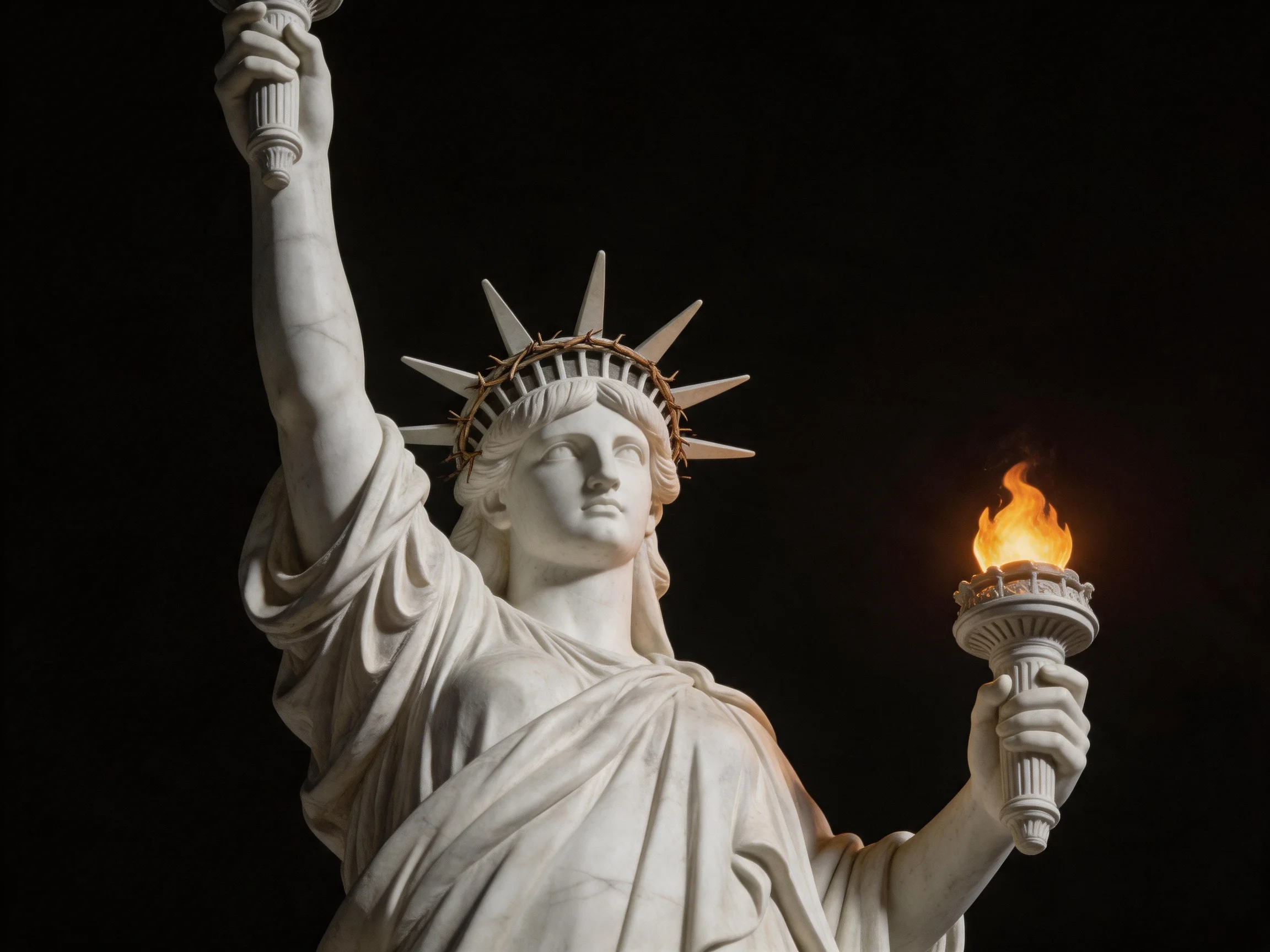 The Statue of Liberty with spiked crown and lit torches