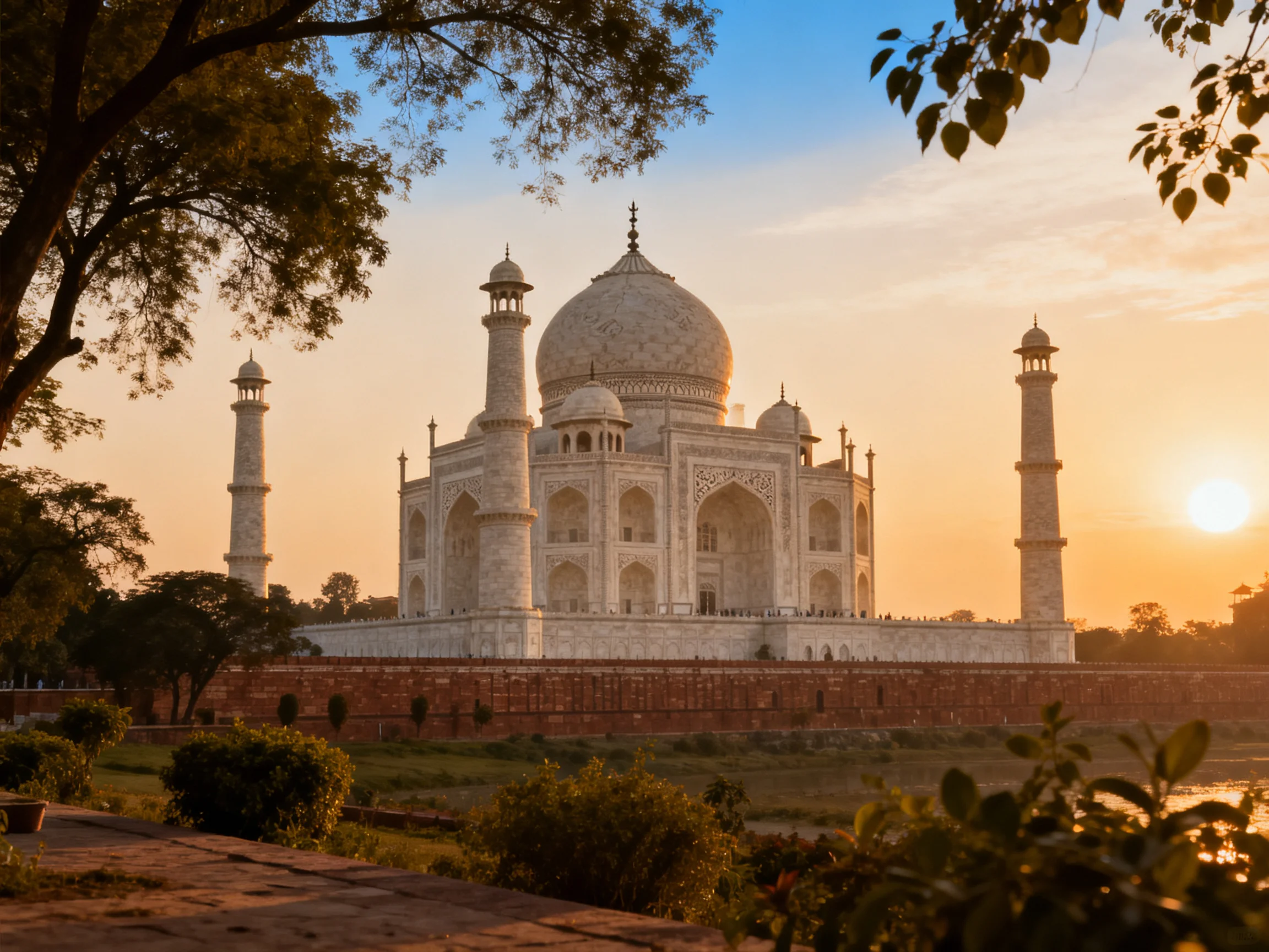 The Taj Mahal, a white marble monument, bathed in golden sunset light