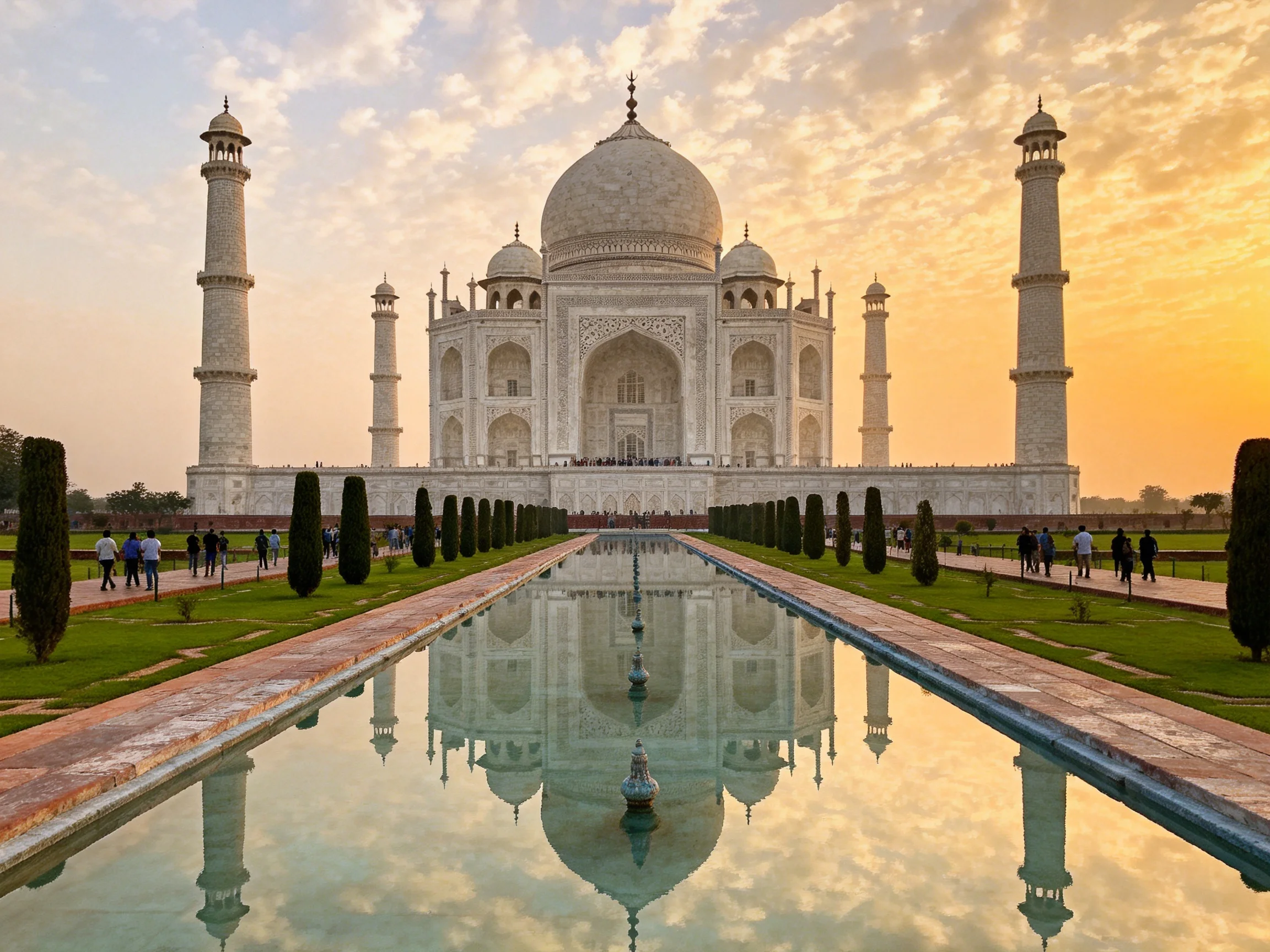 The Taj Mahal at sunset with symmetrical reflecting pool